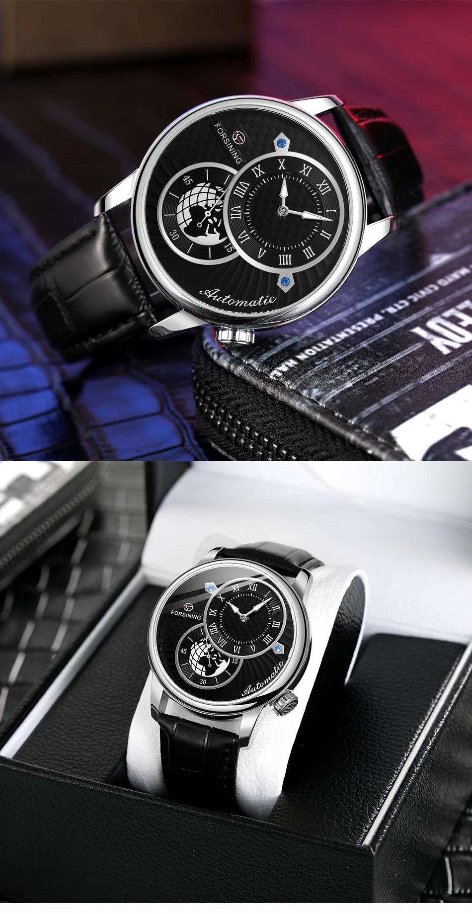 Excellence Earth Image Two Dial Automatic Self-Wind Mechanical Watch Fashion Men watch Waterproof Mesh strap