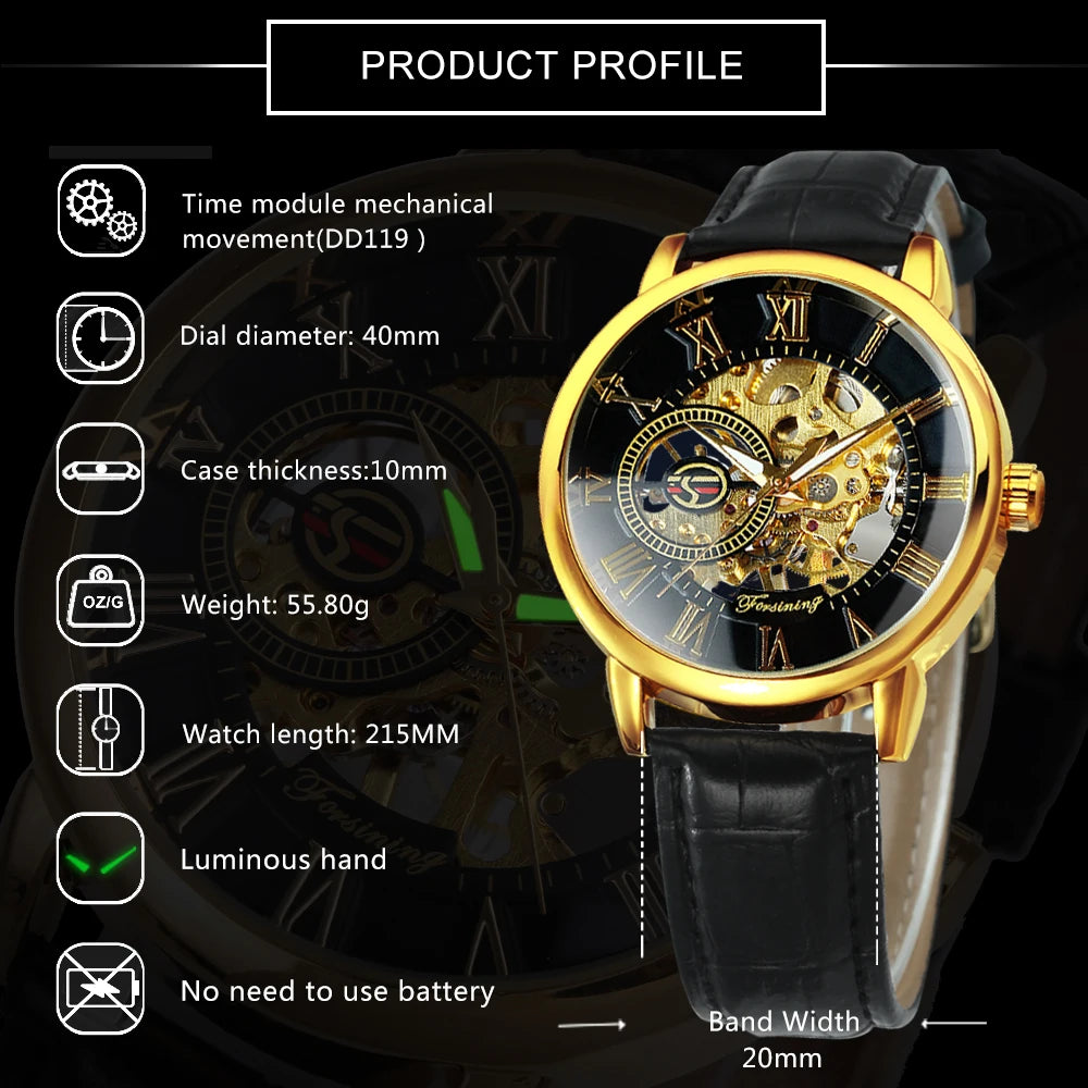 Excellence Classic Retro Skeleton Mechanical Watch for Men Luminous Hands Top Brand Luxury Men's Watches Leather Strap Clock 2024