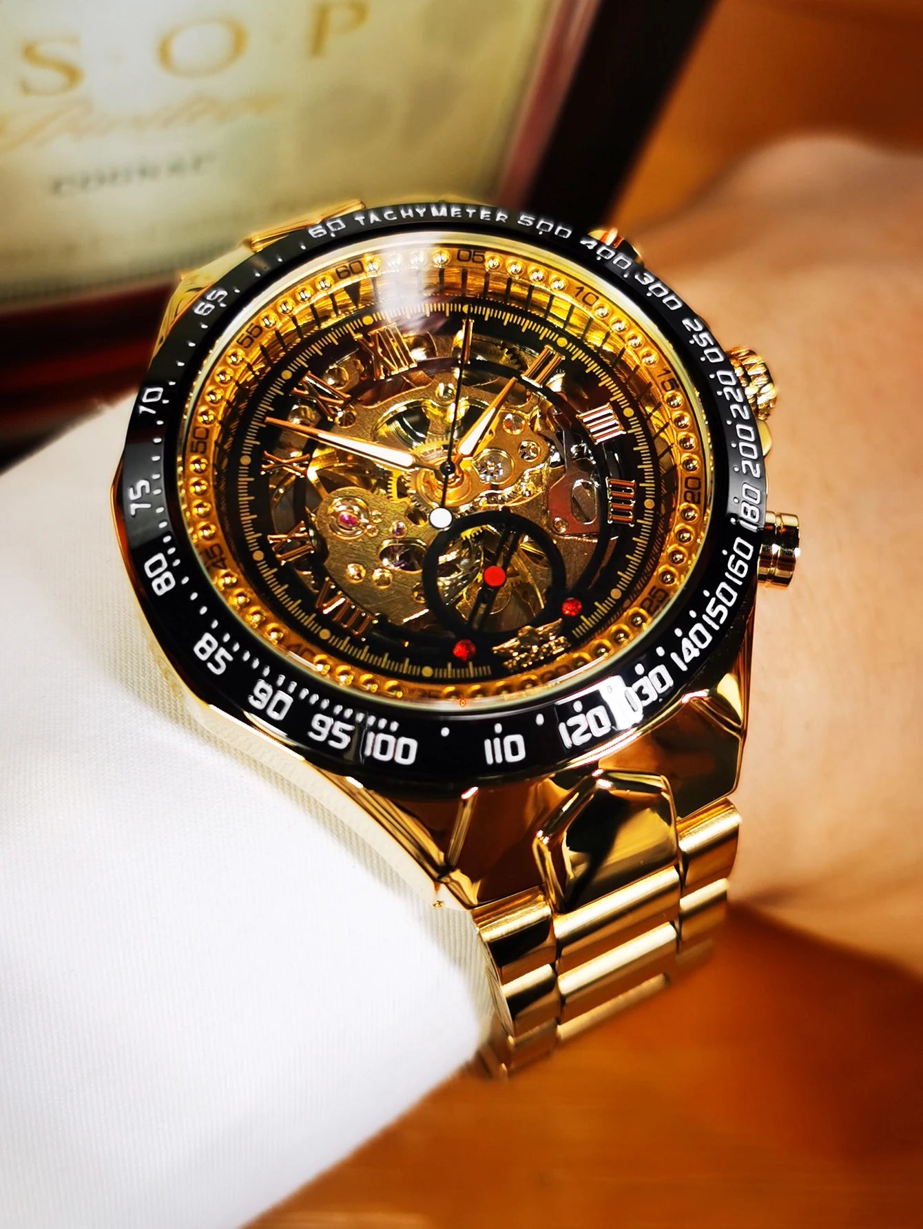 Excellence Gold Transparent Skeleton Automatic Watch for Men Luminous Pointers Luxury Brand Stainless Steel Strap Mechanical Watches