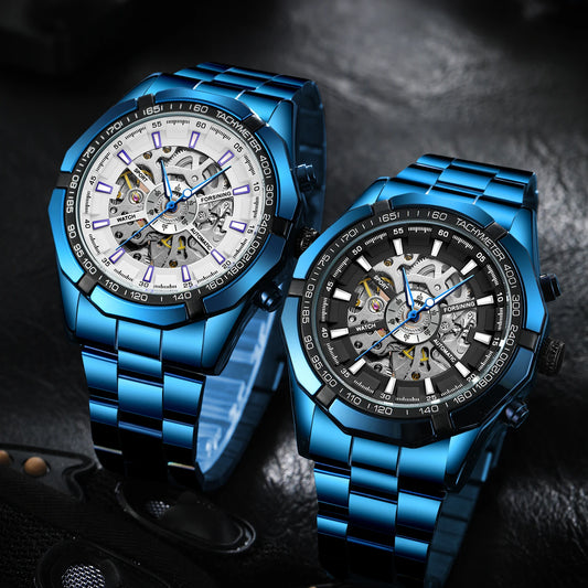 Excellence  New Stainless Steel Waterproof Men Transparent Skeleton Blue Watches Luxury Tourbillion Mechanical Sport reloj hombre