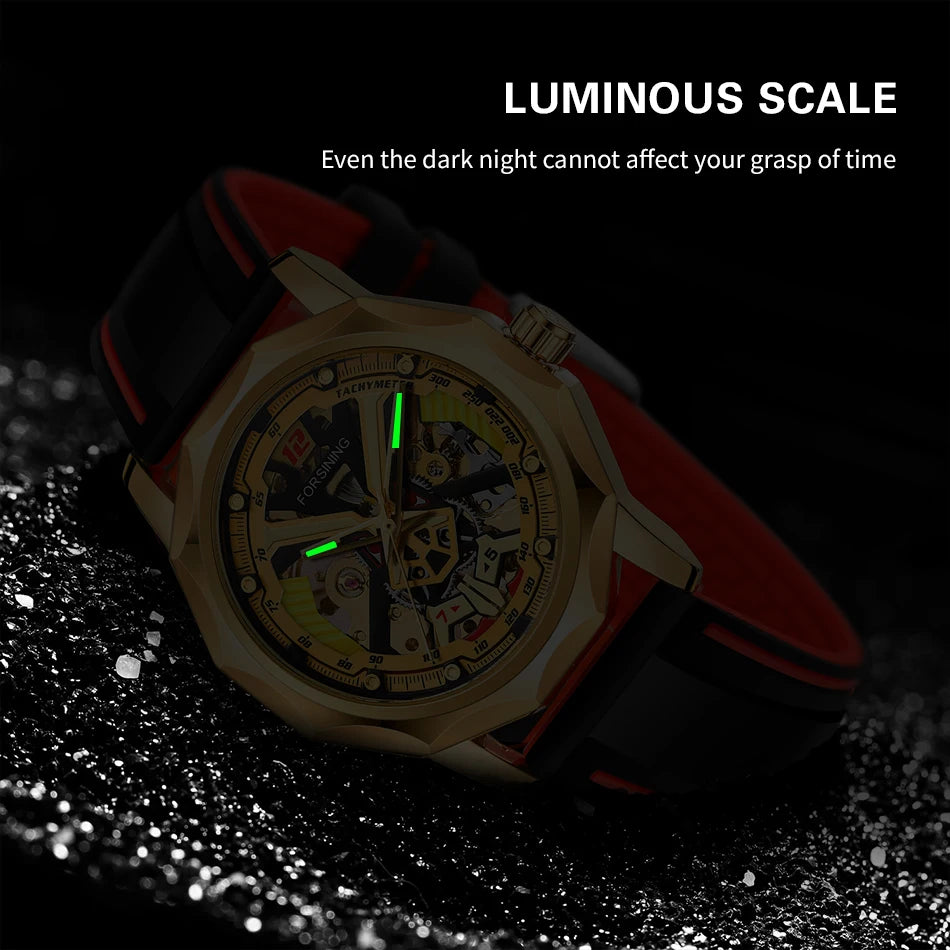 Excellence  Design Fashion Polygon Transparent Skeleton Rubber Band Men Mechanical Watch Luxury Montre Homme men