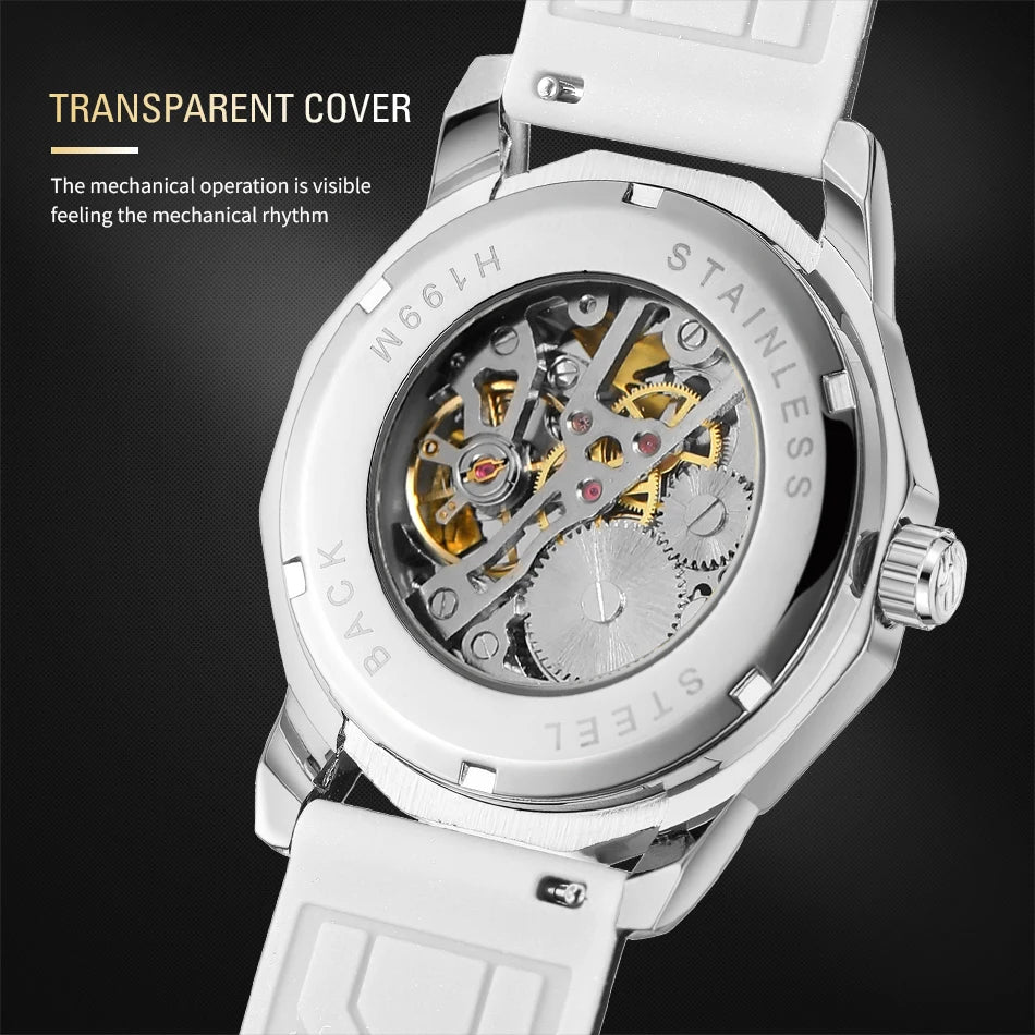 Excellence  Design Fashion Polygon Transparent Skeleton Rubber Band Men Mechanical Watch Luxury Montre Homme men