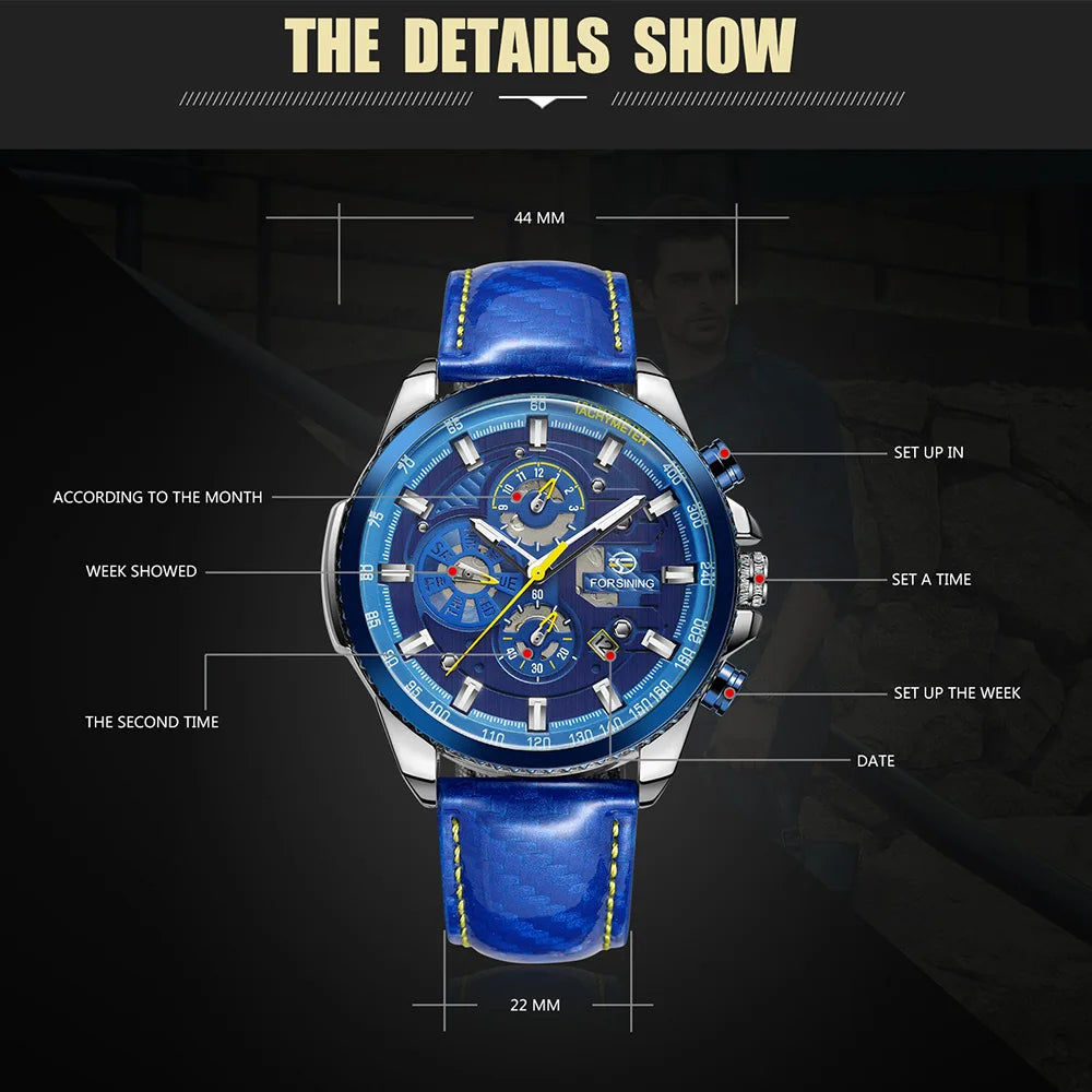 Excellence Original Waterproof Luminous Big Blue Dial Mechanical Watches Luxury Men Watch Multifunctional Automatic Date Leather Wrist