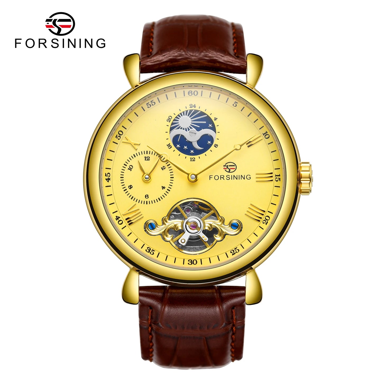 Excellence High Quality Multiple Time Zone Moonphase Automatic Watch Fashion Luxury Skeleton Mechanical Watches Leather Belt Men's Wristwatch