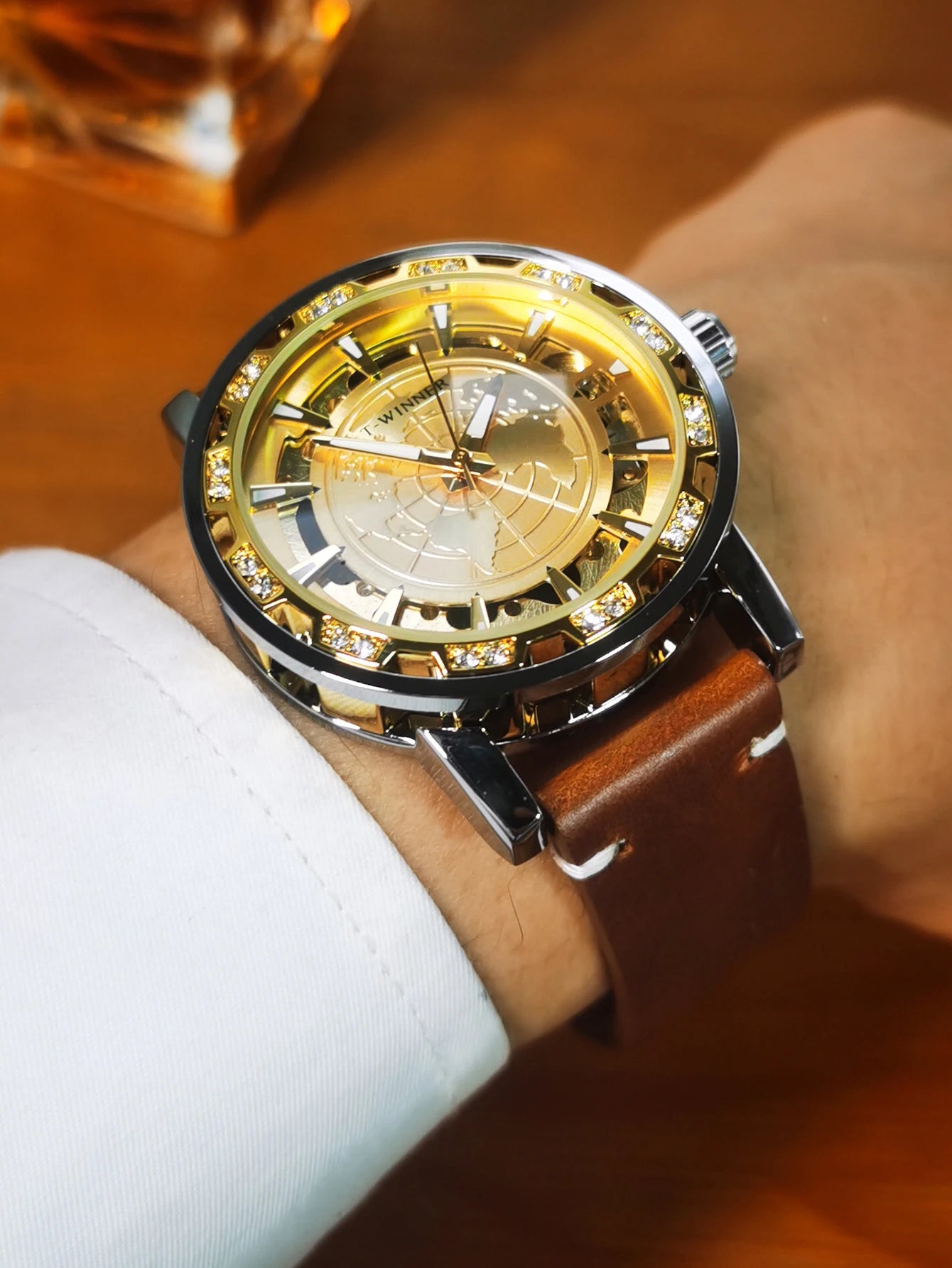 Excellence Classic Iced Out Skeleton Mechanical Watches Luminous Hands Luxury Gold Watch for Men Vintage Brown Leather Strap Clock