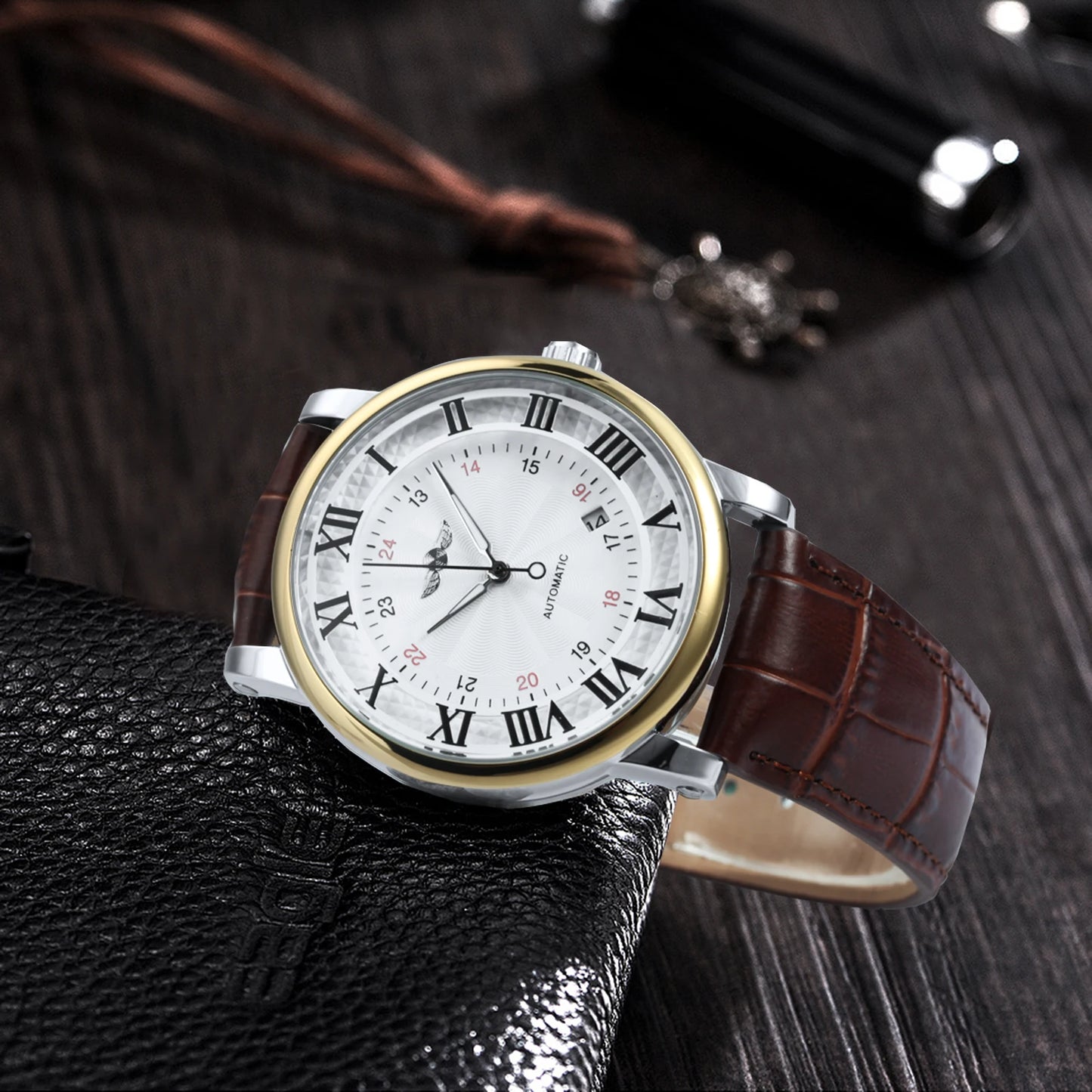 Excellence Fashion Business Mechanical Watches Date Display Minimalist Automatic Watch for Men Casual Brown Leather Strap Wristwatch