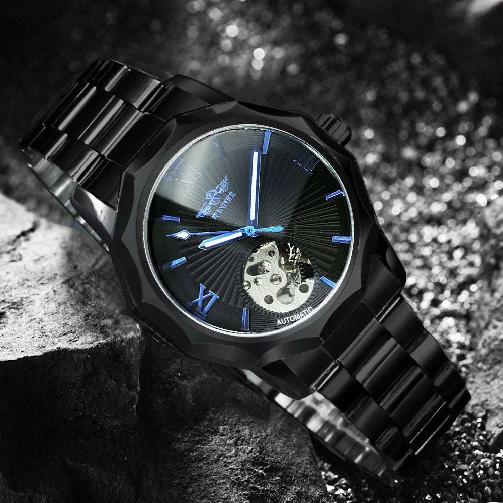 Excellence Business Irregular Skeleton Automatic Mechanical Watch for Men Luminous Hands Leather Steel Strap Fashion Simple Watch