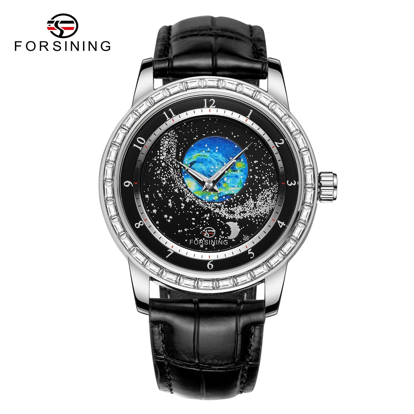 Excellence Design Earth Star Moon Set With Diamonds Genuine Belt Men Mechanical Automatic Watch Waterproof For Business