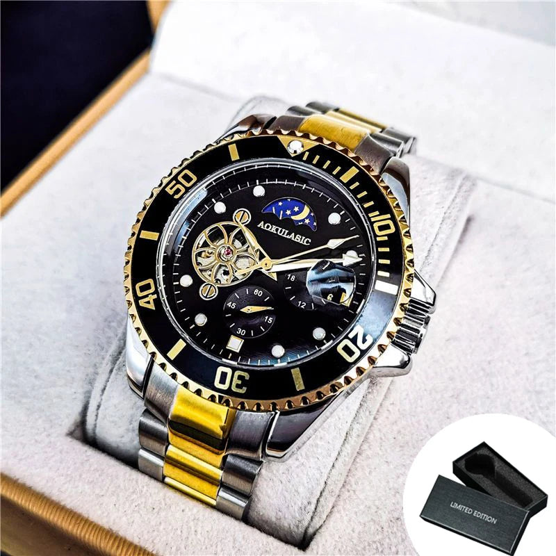 Excellence Moon Phase Skeleton Automatic Watch for Men Luminous Fashion Sports Tourbillon Mechanical Watches Stainless Steel Strap