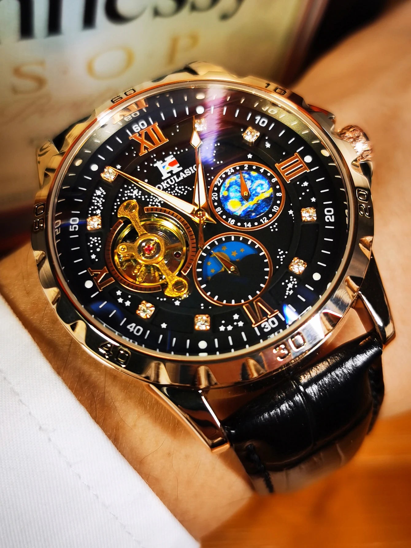 Excellence Moon Phase Tourbillon Automatic Watch for Men Luminous Fashion Diamond Leather Steel Strap Luxury Mechanical Watch