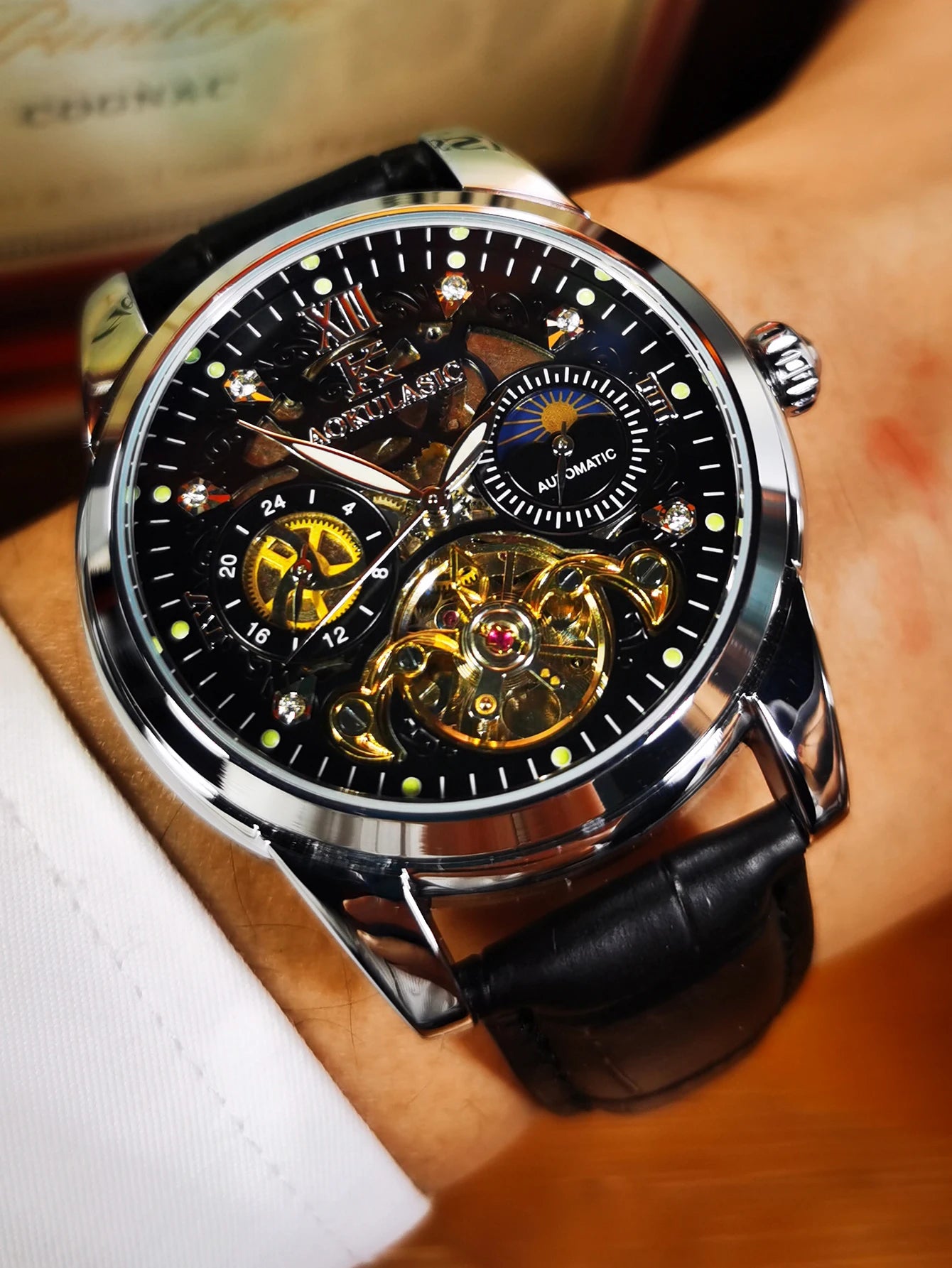 Excellence Skeleton Men's Watches Top Brand Luxury Moon Phase 24 Hours Display Iced Out Automatic Mechanical Watch Leather Strap