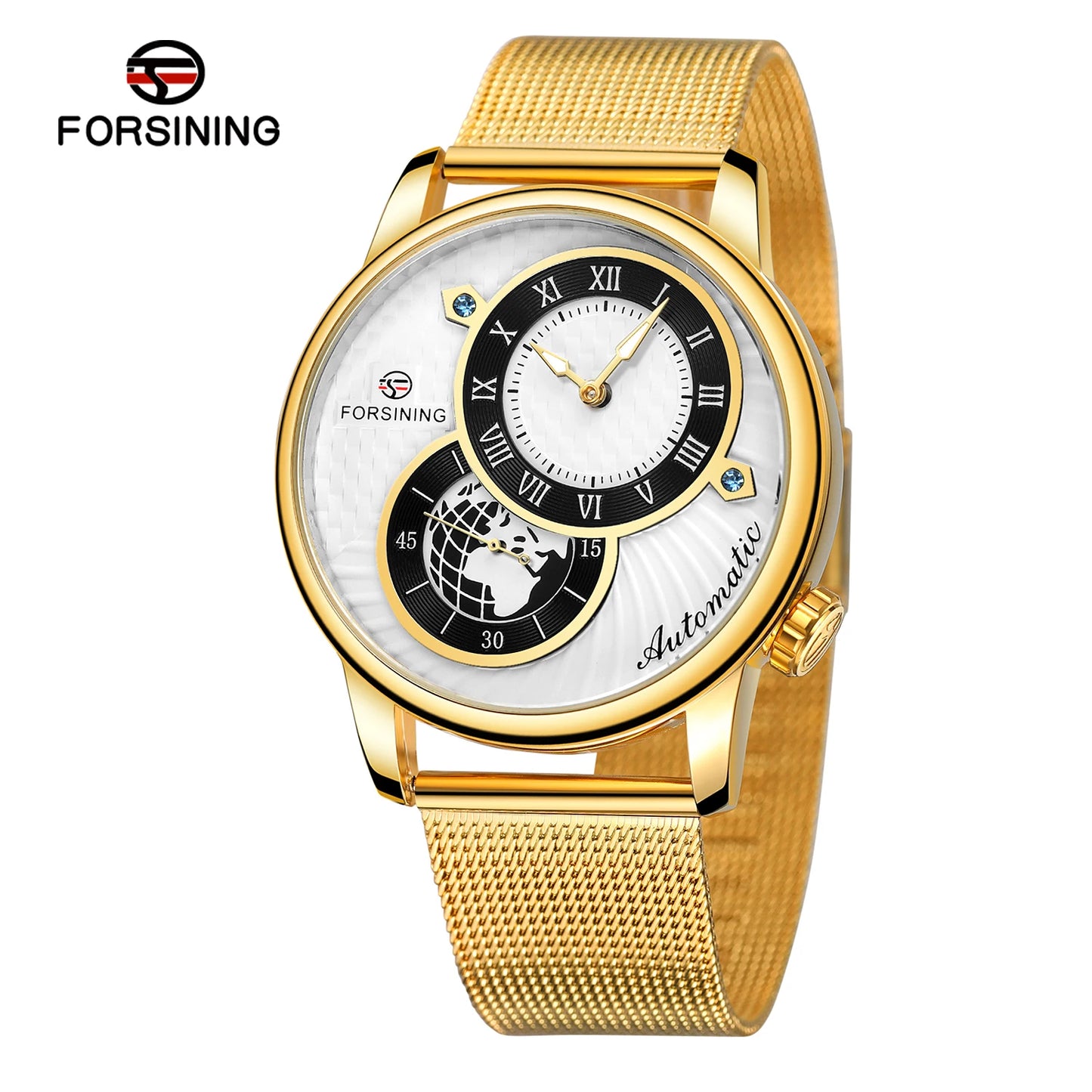 Excellence Earth Image Two Dial Automatic Self-Wind Mechanical Watch Fashion Men watch Waterproof Mesh strap