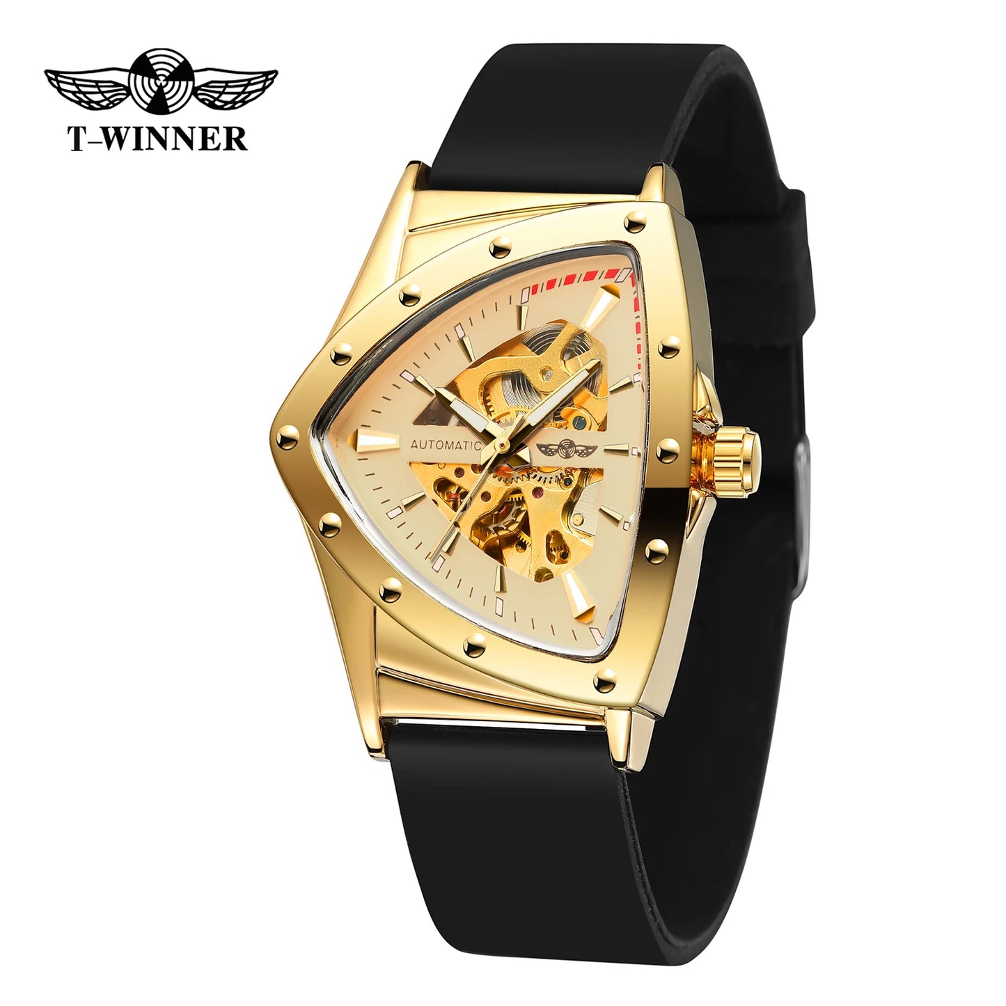 Excellence Military Triangle Skeleton Automatic Watch for Men Gold Sports Mechanical Watches Luxury Rubber strap Luminous