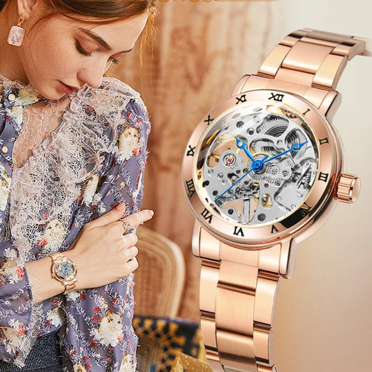 Excellence Skeleton Dial Stainless Steel Exquisite Watch Rose Golden Women Fashion Watch Luxury Brand Waterproof Mechanical movement.