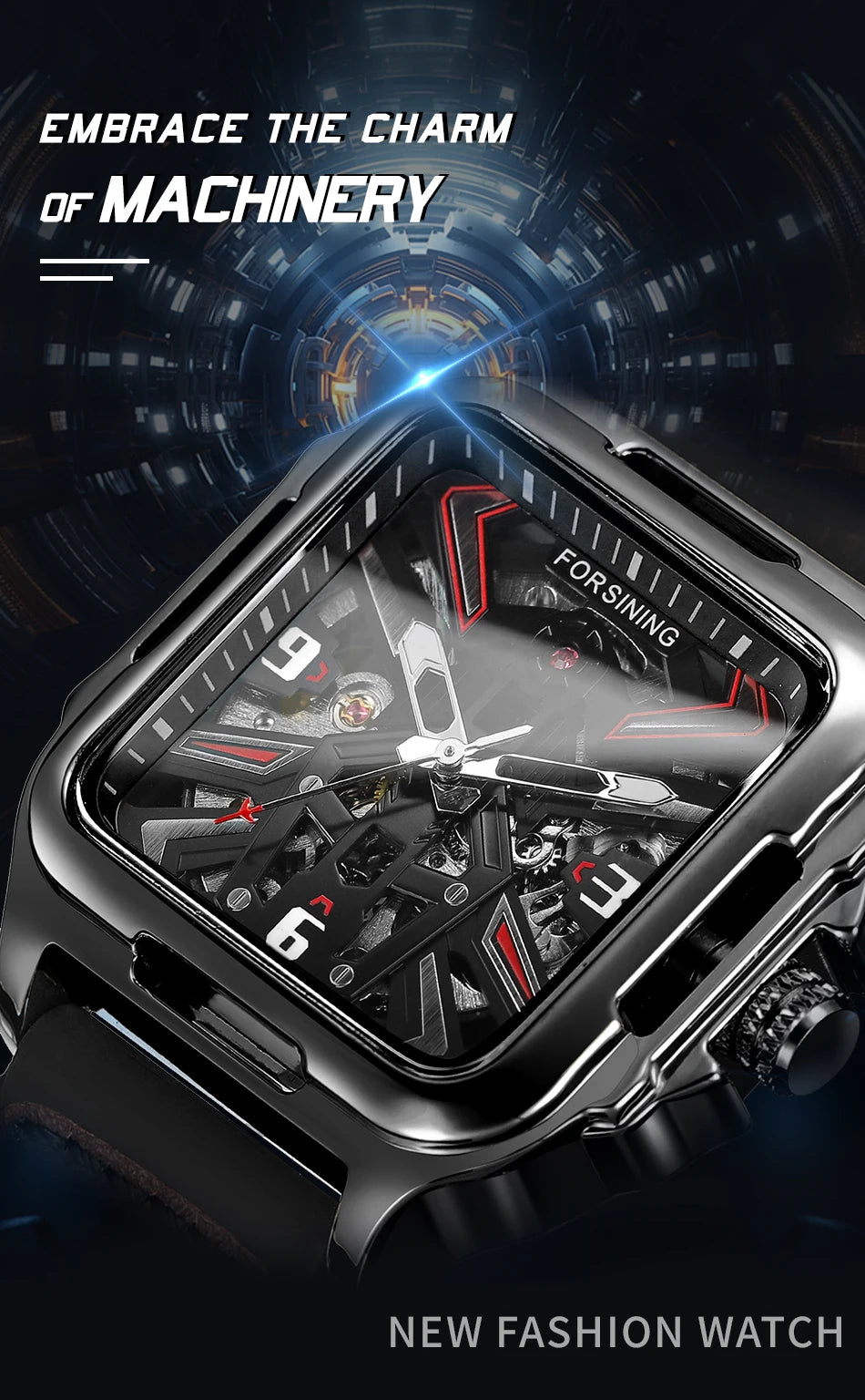 Excellence Original Square Skeleton Mechanical Men Watch Automatic Movement Clock Field Sport Rubber Band Luxury Replica Watches