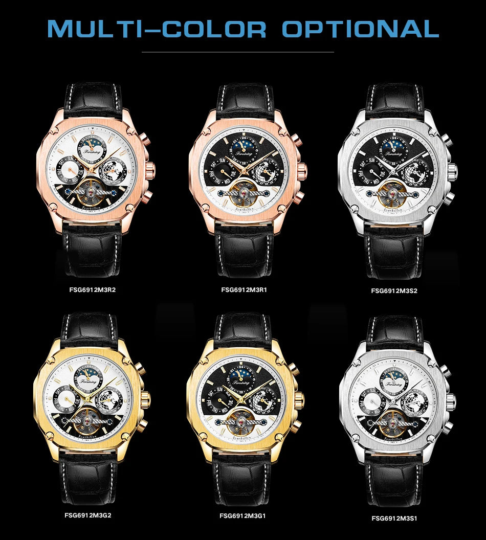 Excellence New Square Waterproof Mechanical Watches Luxury Leather Watch For Men Tourbillon Multifunctional Automatic Date Wristwatch