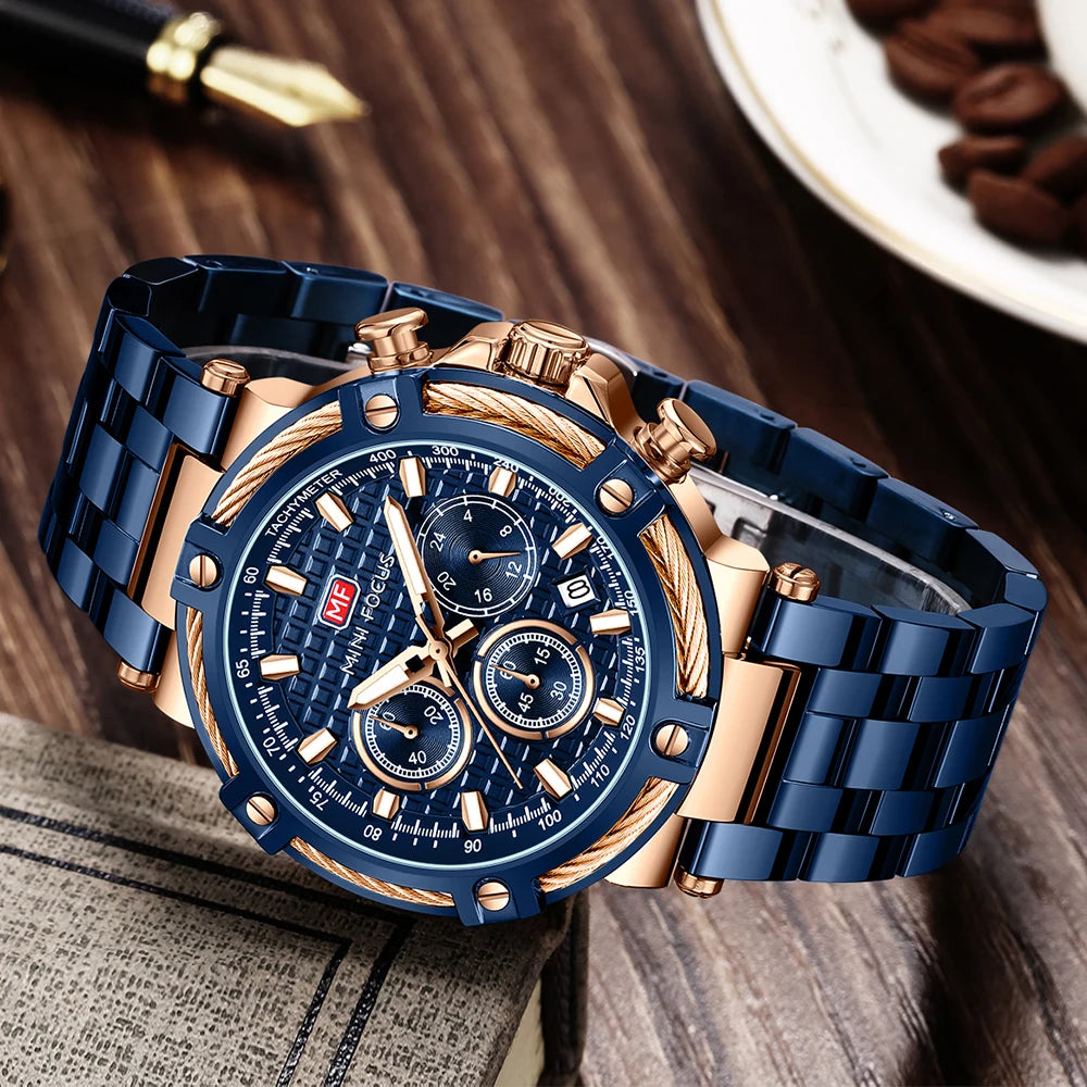 Excellence Sports Quartz Watch for Men Fashion Multifunction Sub-Dials Calendar Stainless Steel Strap Luxury Men's Watches 0470G