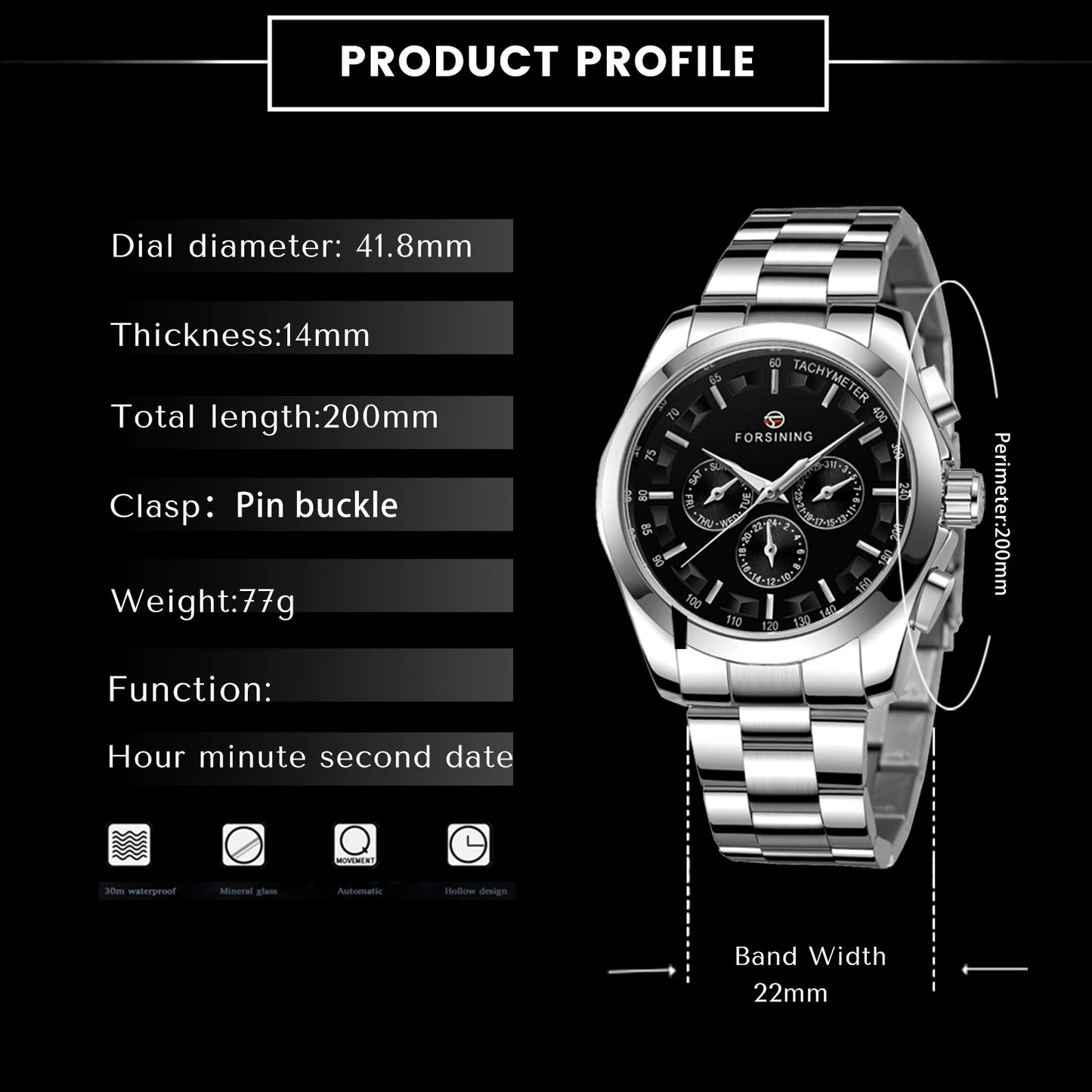 Excellence  Sports Men's Watch Multifunction Automatic Mechanical Watches Luminous Hands Stainless Steel Band Military Wristwatch