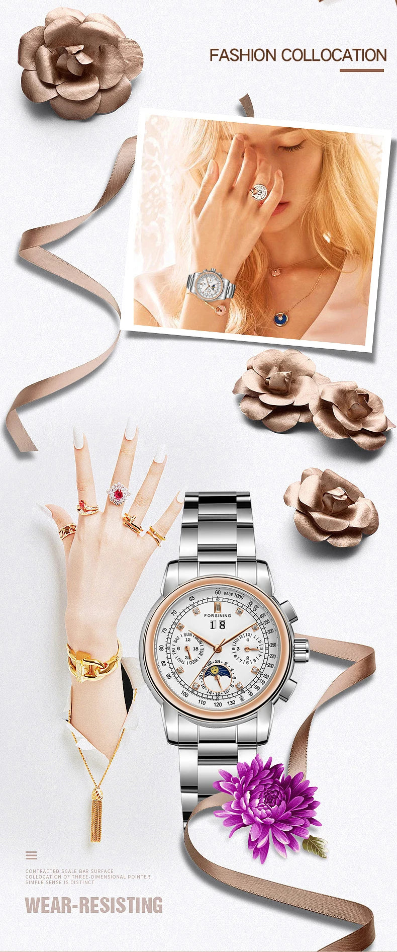 Excellence Women Automatic Mechanical Fashion Luxury Wrist Watches Ladies Diamond Moon Phase Multifunctional.