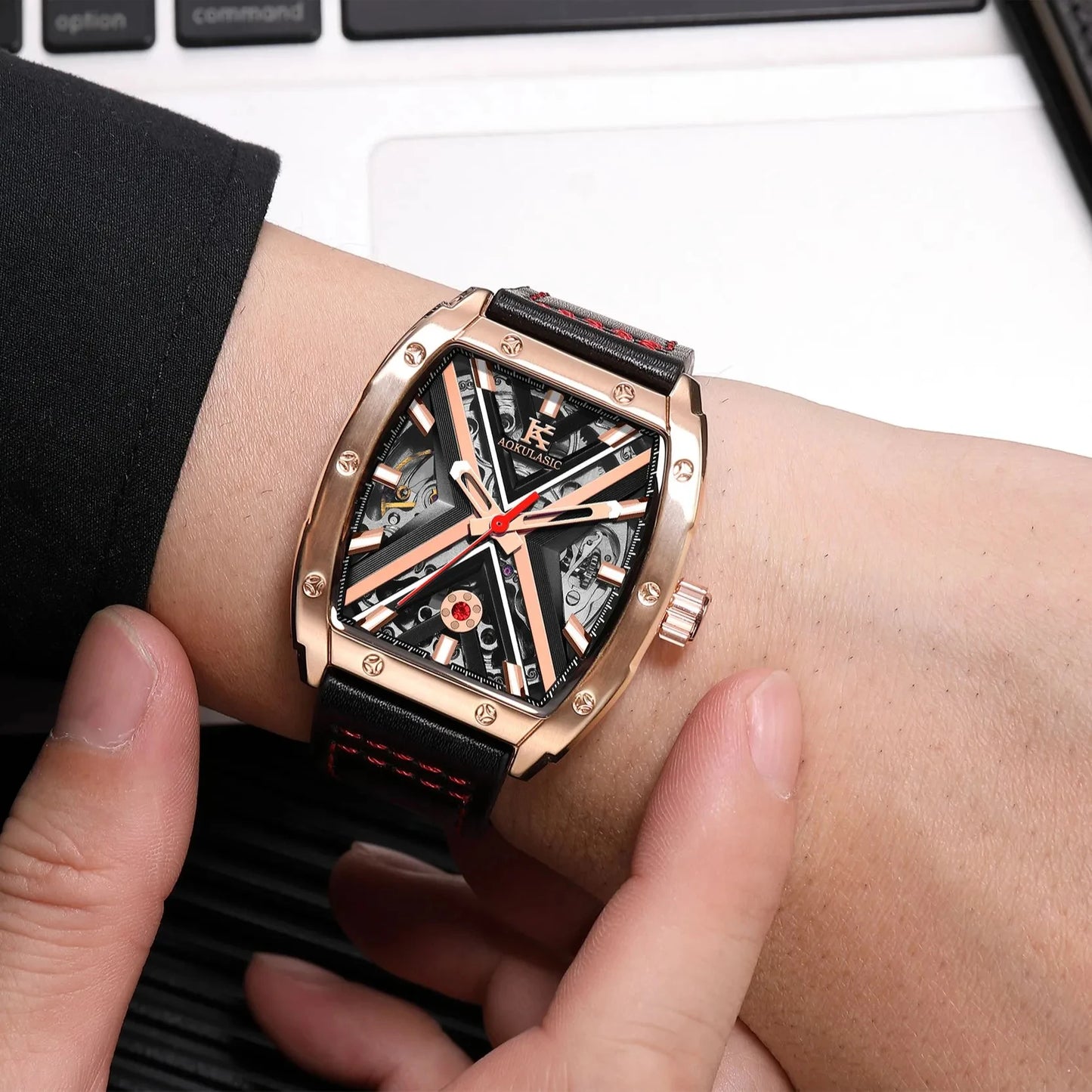 Excellence  Rose Gold Mechanical Watches Luxury Brand Skeleton Automatic Watch for Men Engraved Movement Leather Strap