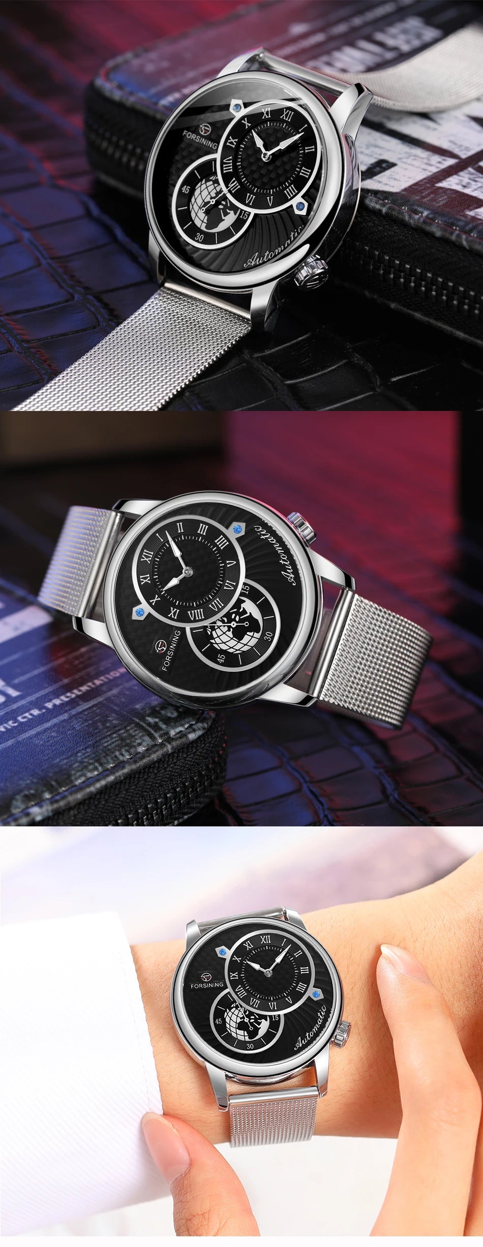 Excellence Earth Image Two Dial Automatic Self-Wind Mechanical Watch Fashion Men watch Waterproof Mesh strap