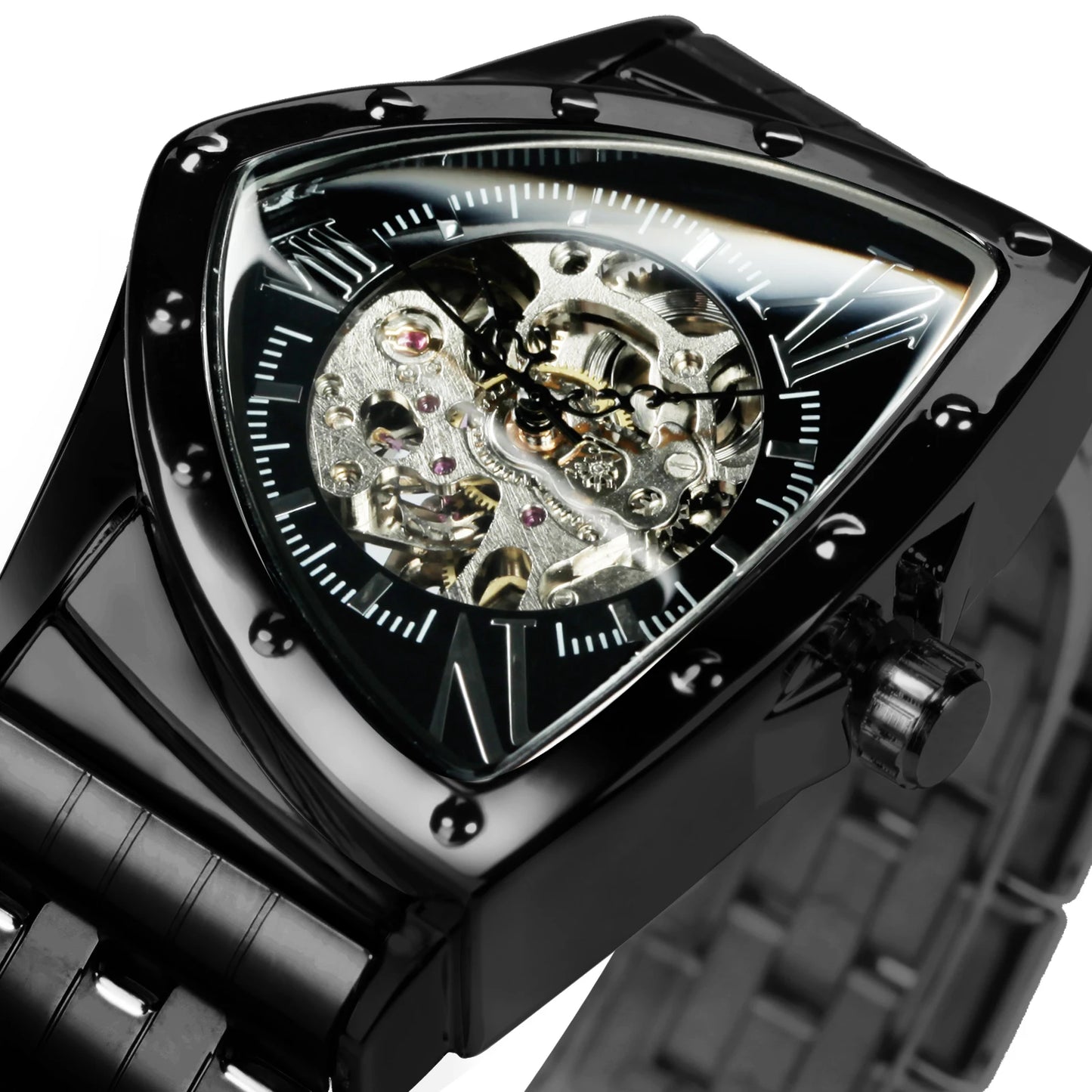 Excellence Military Triangle Skeleton Automatic Watch for Men Luxury Brand Stainless Steel Strap Fashion Sports Mechanical Watch