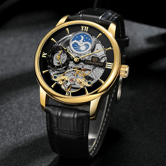 Excellence High Quality Multiple Time Zon Moonphase Automatic Watch Fashion Luxury Skeleton Mechanical Watches Men's Wristwatch Leather Belt