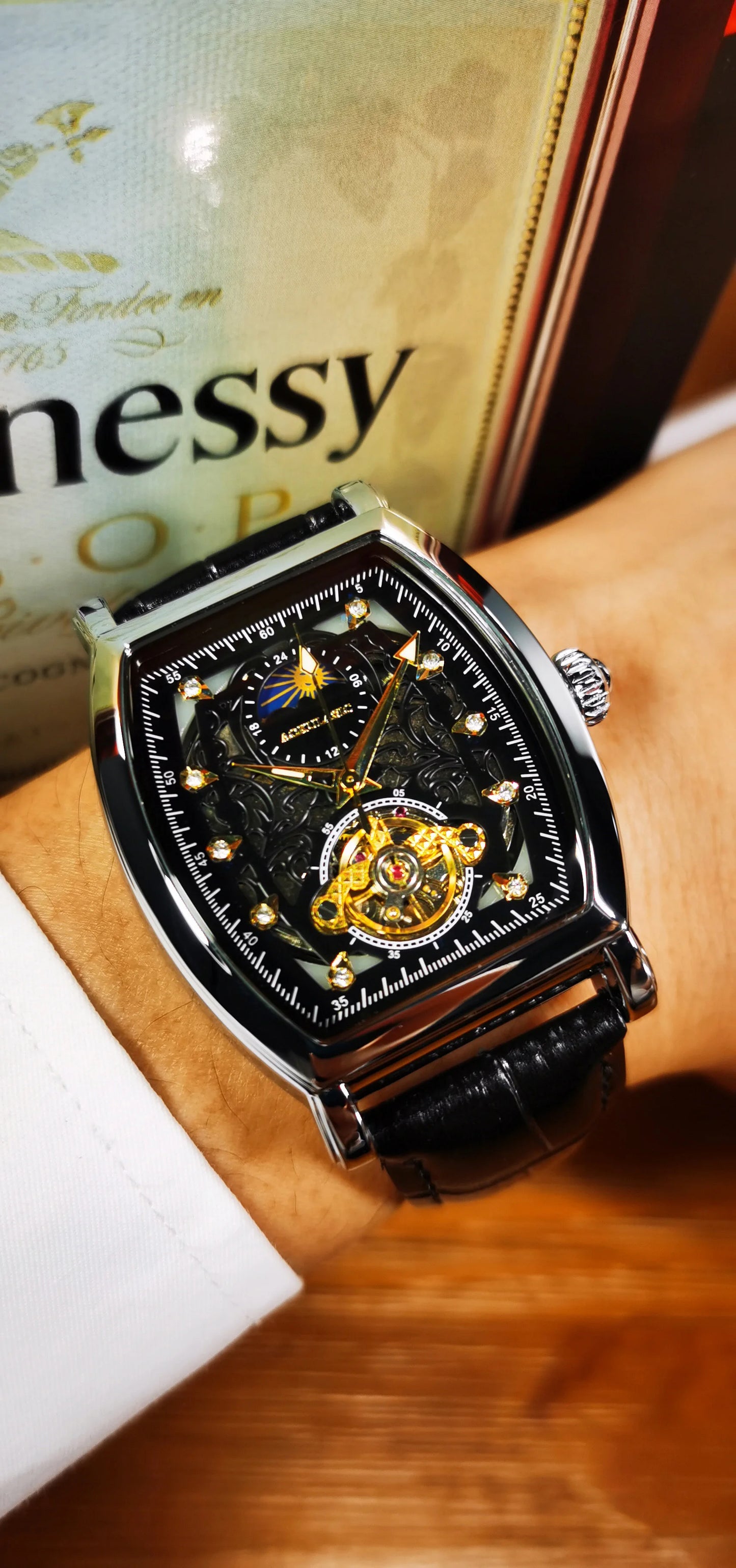 Excellence Tourbillon Iced Out Skeleton Automatic Mechanical Watches for Men Luxury Moon Phase Casual Leather Strap Men's Watch