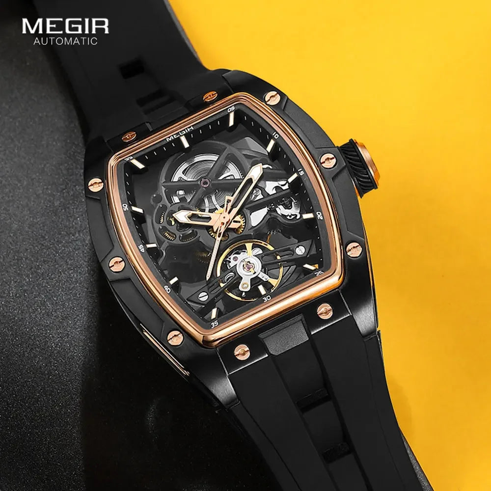 Excellence Automatic Wristwatch Men Fashion Black Silicone Strap Waterproof Luminous Sport Mechanical Watch with Tonneau Dial