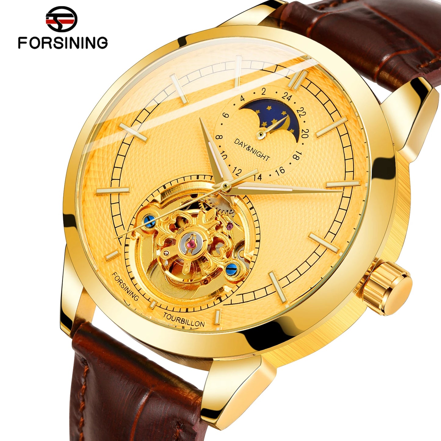 Excellence  Top Brand Hollow Tourbillon Pin Scale Full Automatic Mechanical Man Business Leather Belt Moon Phase Watch