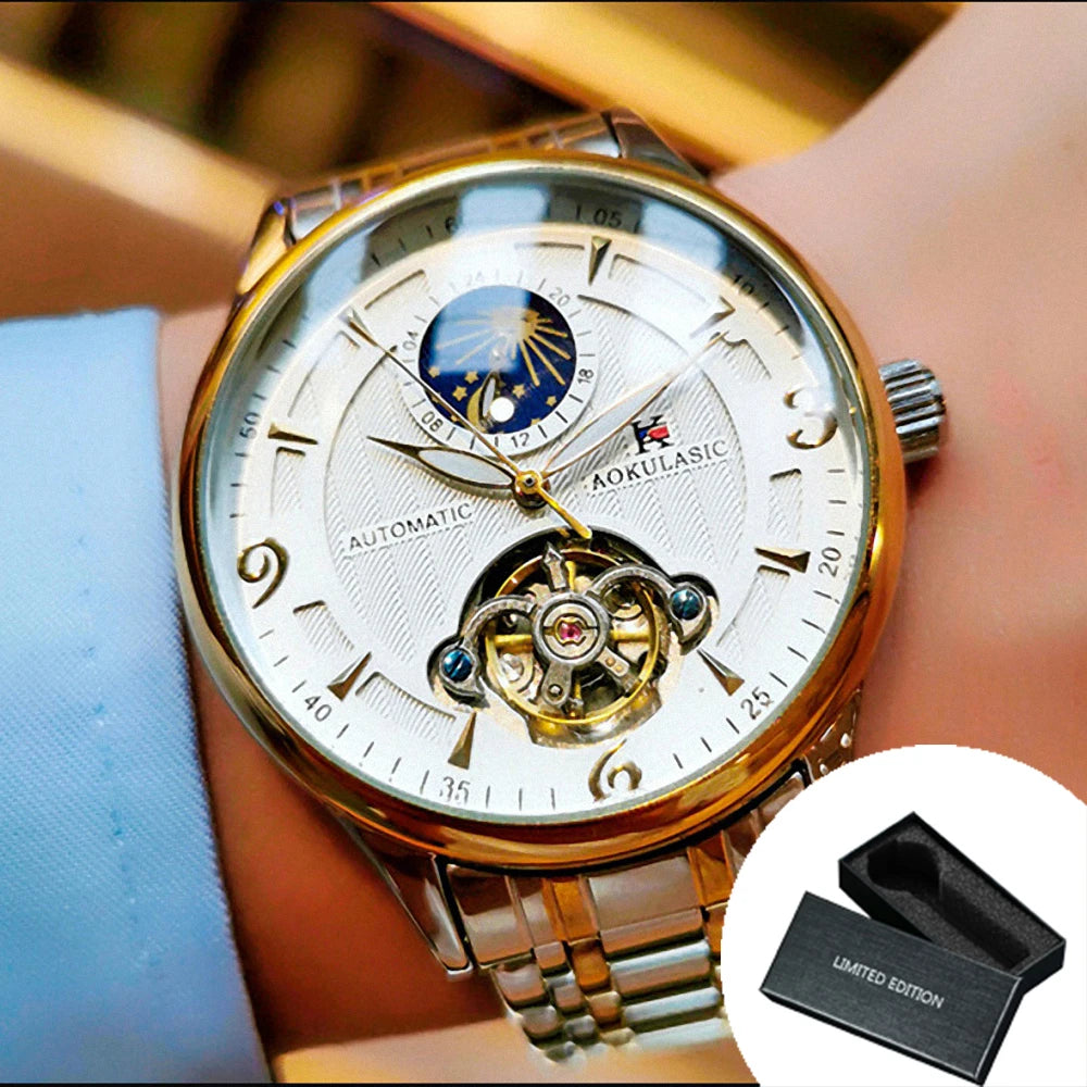 Excellence Moon Phase Men's Watches Top Brand Luxury Tourbillon Skeleton Automatic Mechanical Watch Stainless Steel Strap AOKULASIC