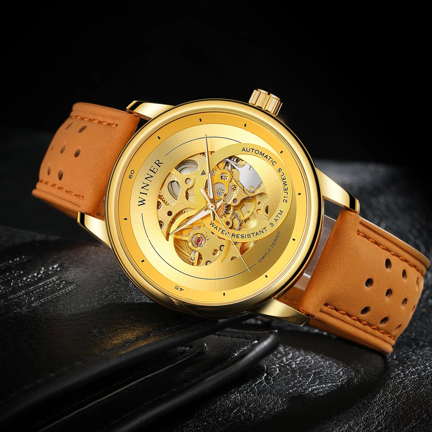 Excellence Original high-quality Transparent Skeleton Mechanical Automatic Watches for men water proof  Leather