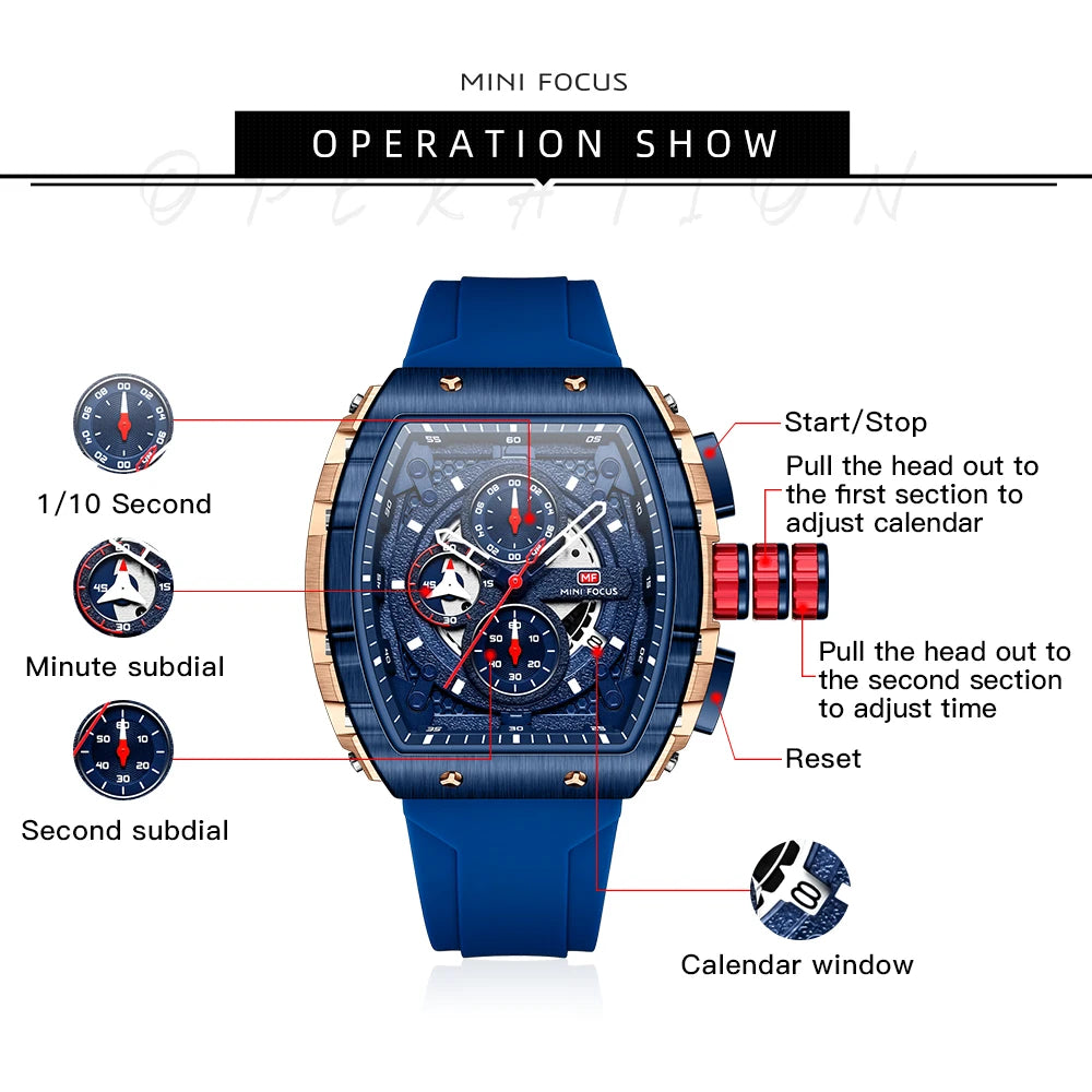 Excellence Sports Multifunctional Quartz Watch for Men Calendar Chronograph Waterproof Silicone Strap Fashion Men's Watches 2024