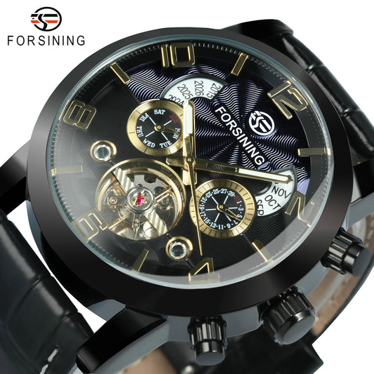 Excellence Tourbillon Skeleton Automatic Mechanical Watch for Men Calendar Window Week Display Leather Belt Classic Watches