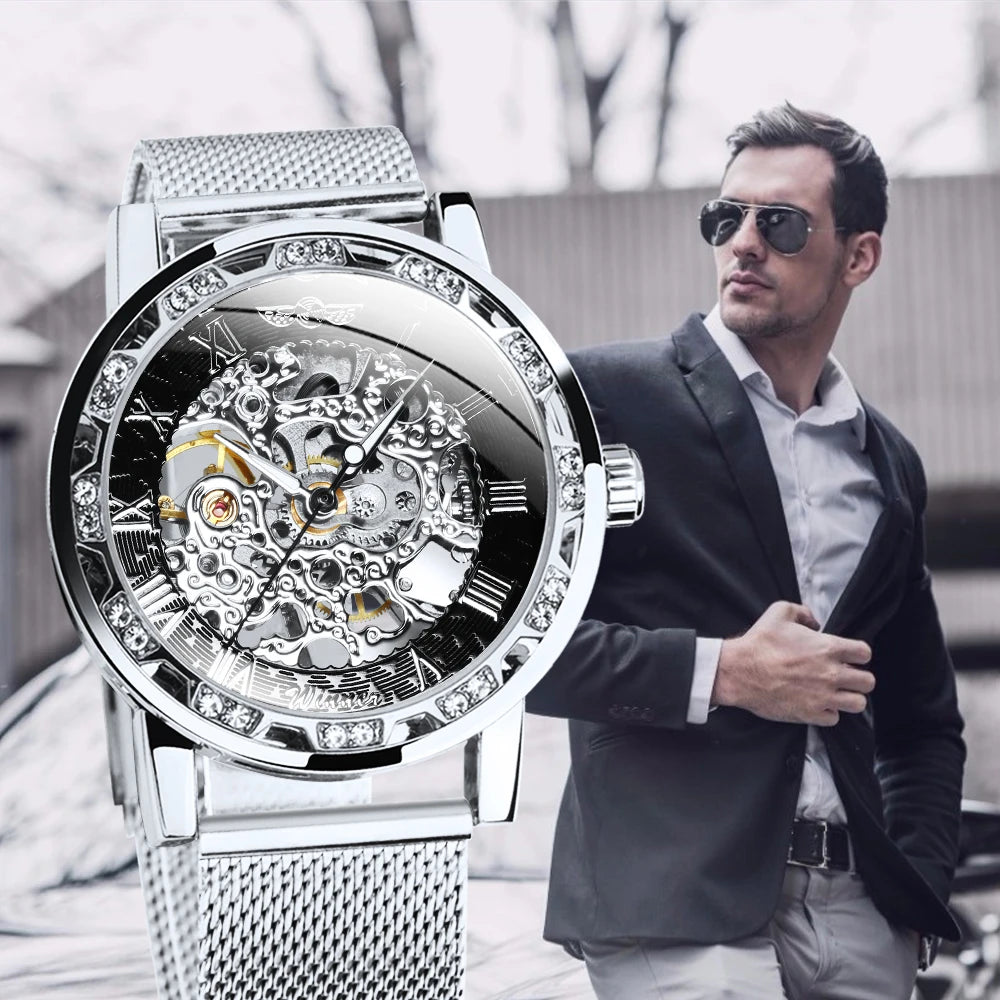 Excellence Classic Retro Mechanical Watches Luxury Iced Out Blue Skeleton Watch for Men Luminous Hands Mesh Stainless Steel Strap