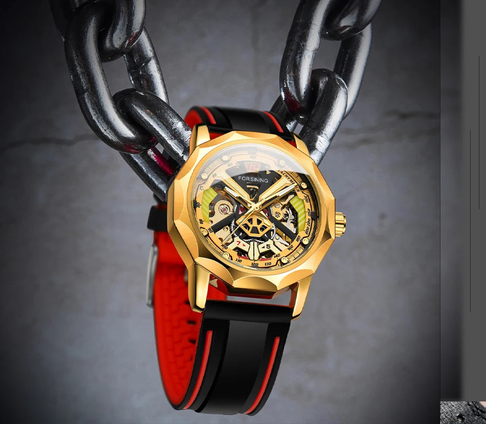 Excellence  Design Fashion Polygon Transparent Skeleton Rubber Band Men Mechanical Watch Luxury Montre Homme men