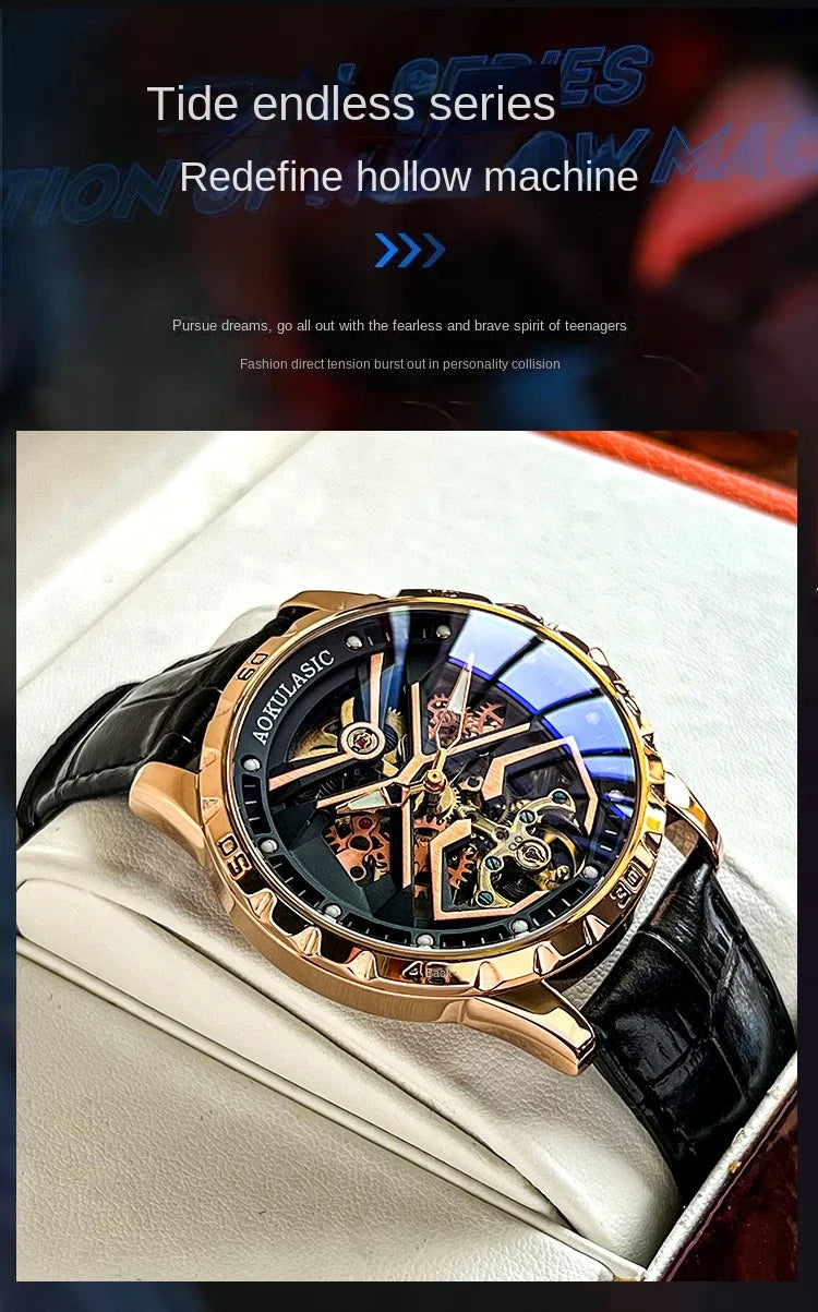 Excellence Fashion Tourbillon Skeleton Mechanical Watches Luminous Hands Rose Gold Automatic Watch for Men Steel Leather Strap