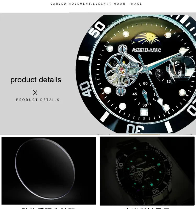 Excellence Moon Phase Skeleton Automatic Watch for Men Luminous Fashion Sports Tourbillon Mechanical Watches Stainless Steel Strap