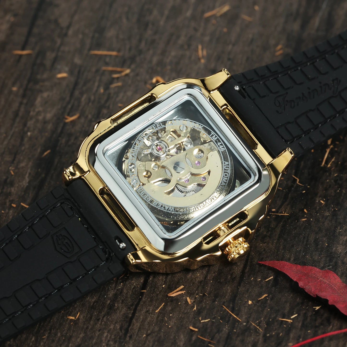 Excellence Gold Black Square Skeleton Automatic Watch for Men Luminous Hands Luxury Sports Mechanical Watches Rubber Leather Band