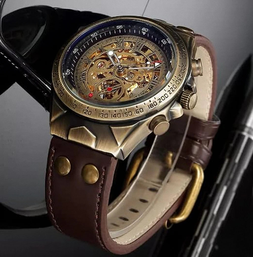 Excellence Skeleton Automatic Mechanical Watch for Men Luminous Hand Brown Genuine Leather Belt Luxury Brand Steampunk Watches