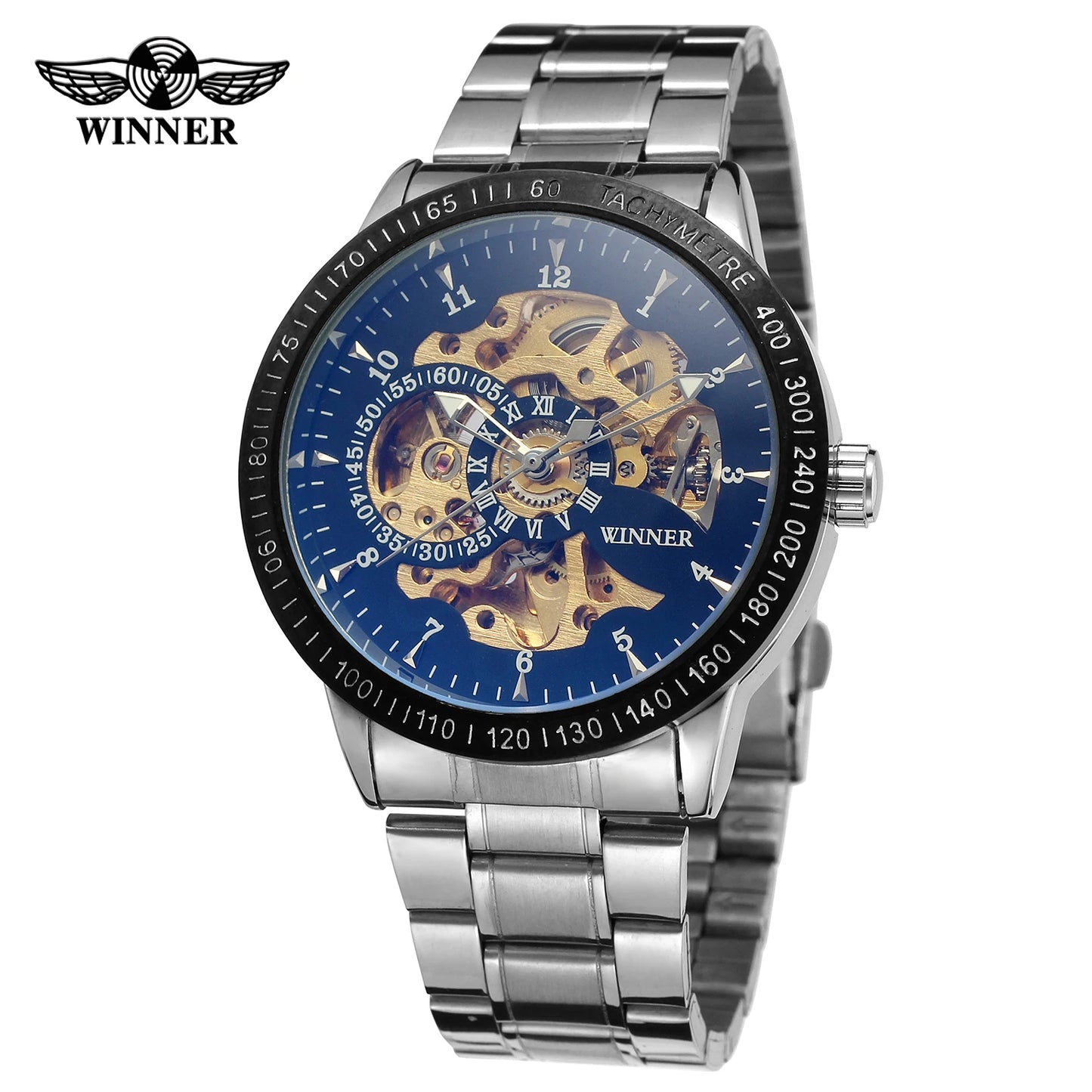 Excellence High End Luxury Blue Glass Stainless Steel Skeleton Mechanical Automatic Man Watches Fashion Classics Waterproof Male Watch