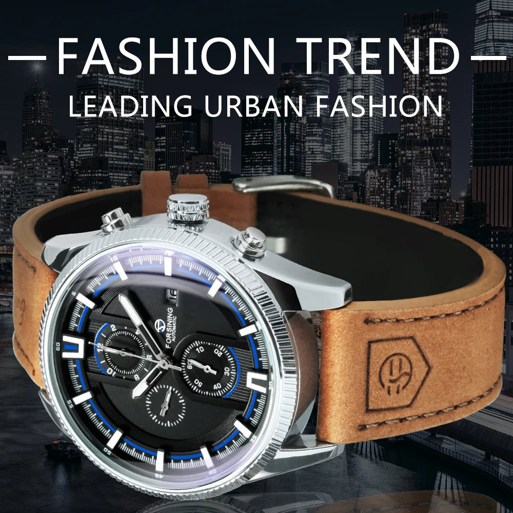 Excellence  Sports Men's Watches Top Brand Luxury Calendar Brown Leather Strap Luminous Hands Fashion Automatic Mechanical Watch