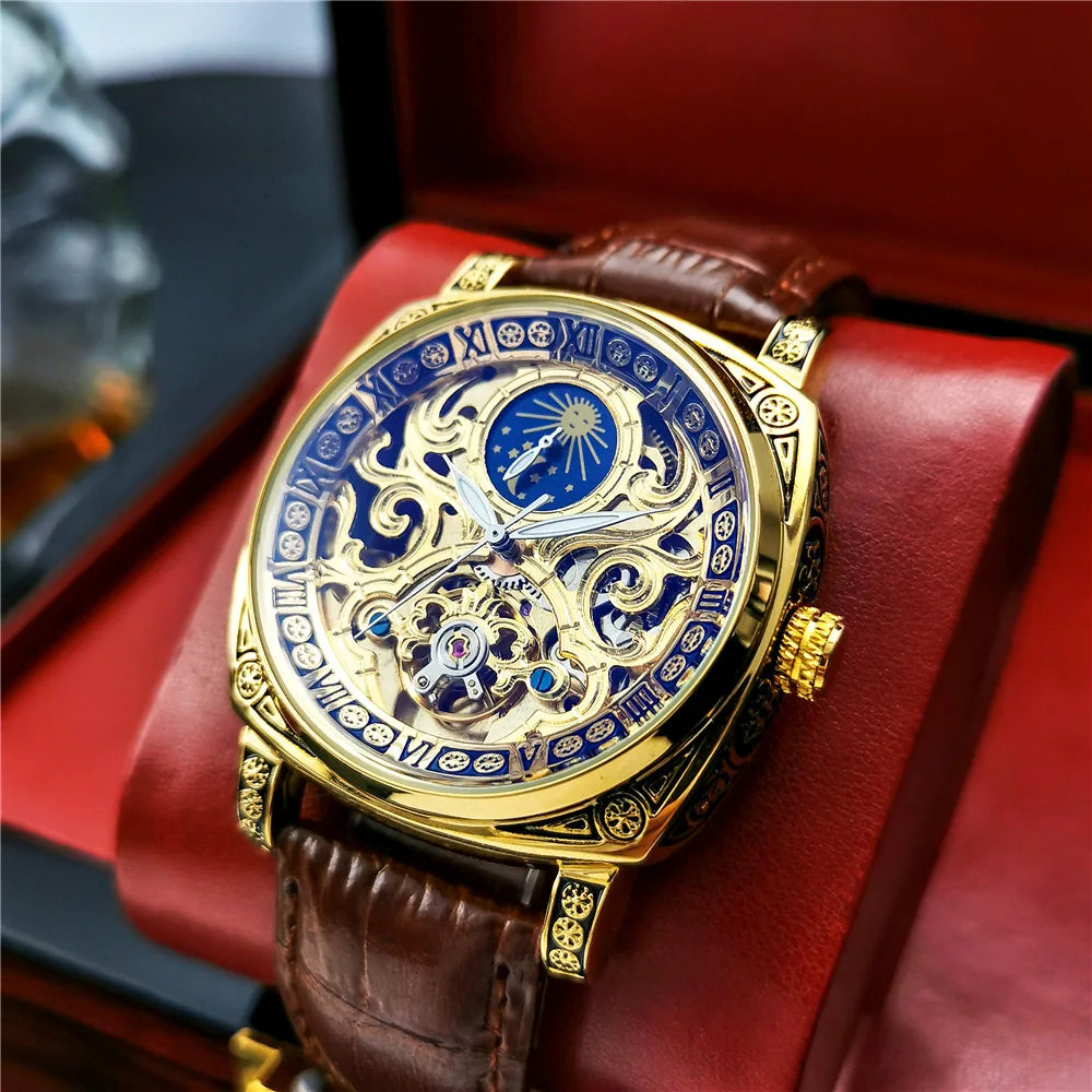 Excellence Mechanical Watches Moon Phase Tourbillon  Gold Automatic Watch for Men Casual Genuine Leather Belt.