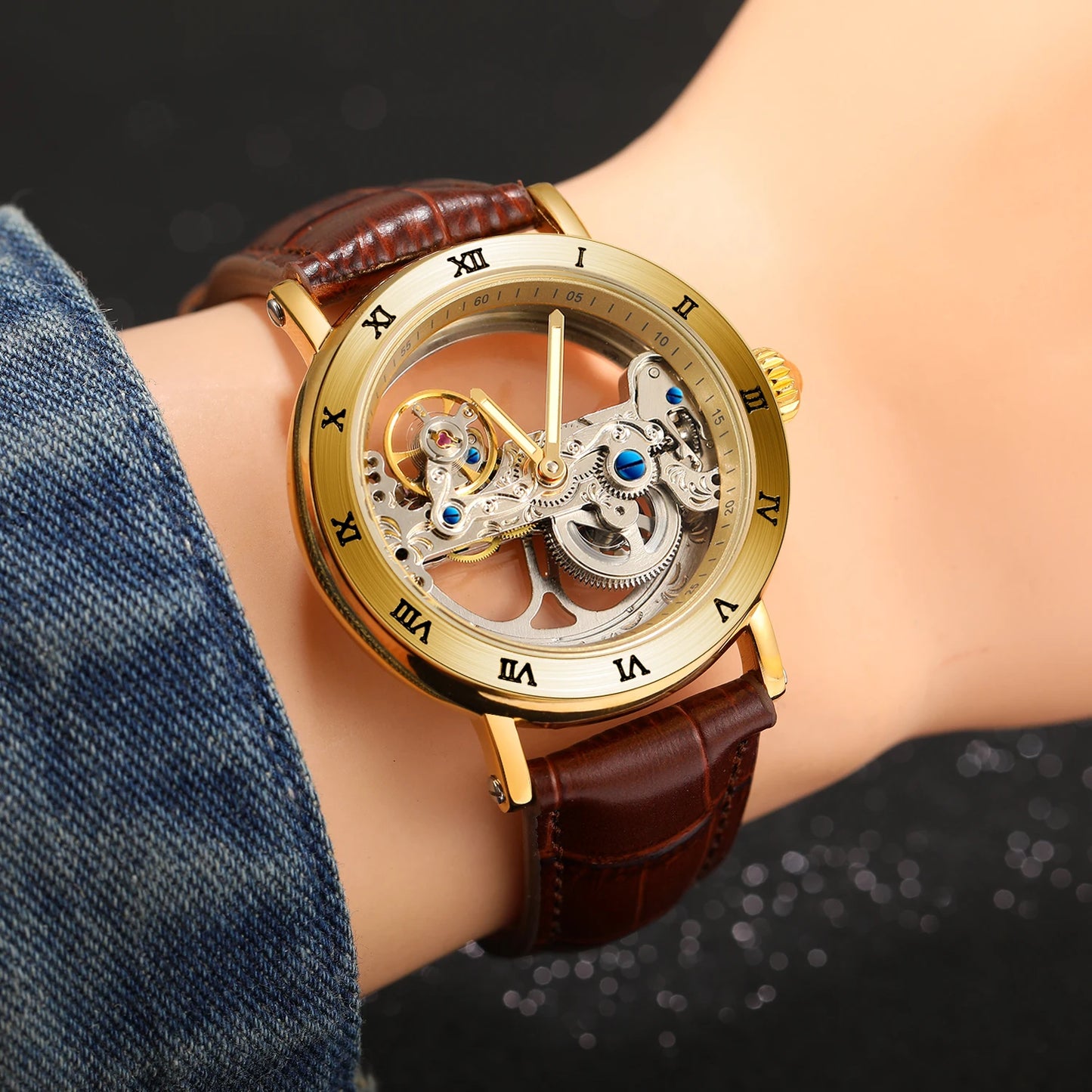 Excellence Gold Bridge Skeleton Automatic Watch for Men Luminous Hands Stainless Steel Leather Strap Luxury Mechanical Watches