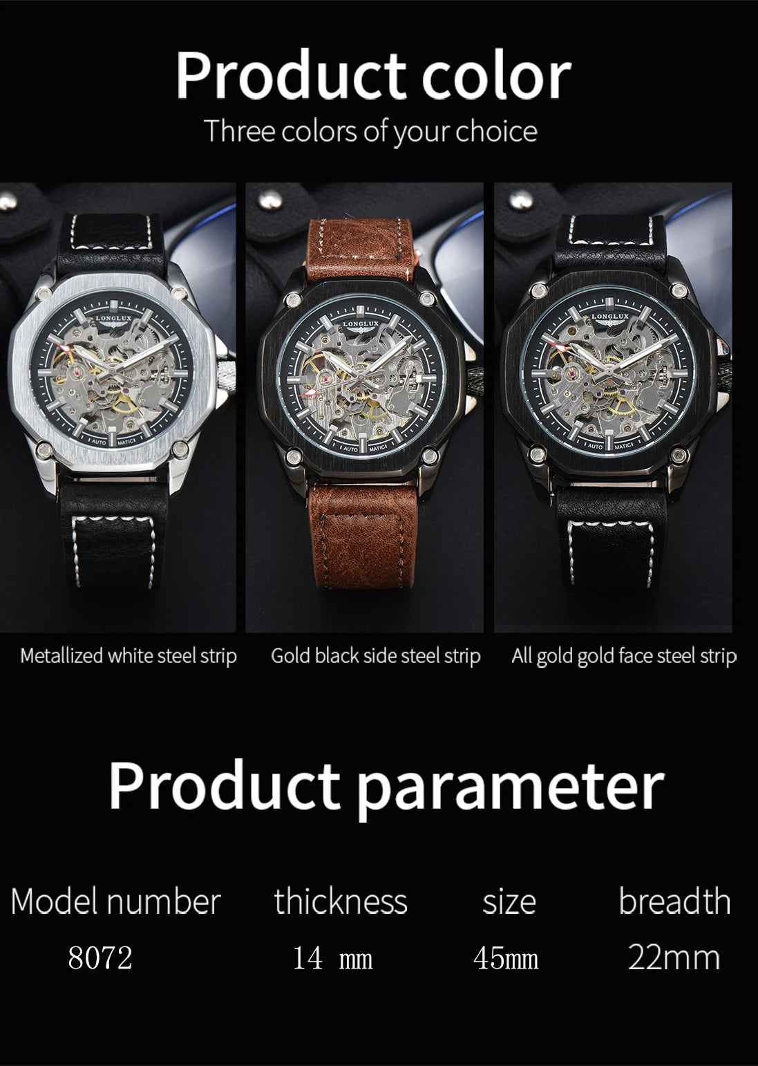 Excellence automatic watch sport style wholesale mechanical wristwatches fashion hollow leather men's watch men gift