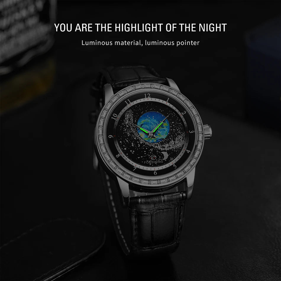 Excellence Design Earth Star Moon Set With Diamonds Genuine Belt Men Mechanical Automatic Watch Waterproof For Business