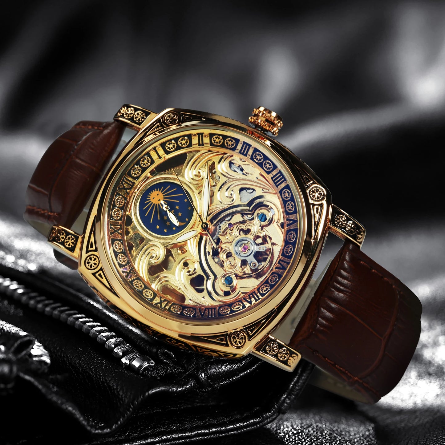 Excellence Mechanical Watches Moon Phase Tourbillon  Gold Automatic Watch for Men Casual Genuine Leather Belt.