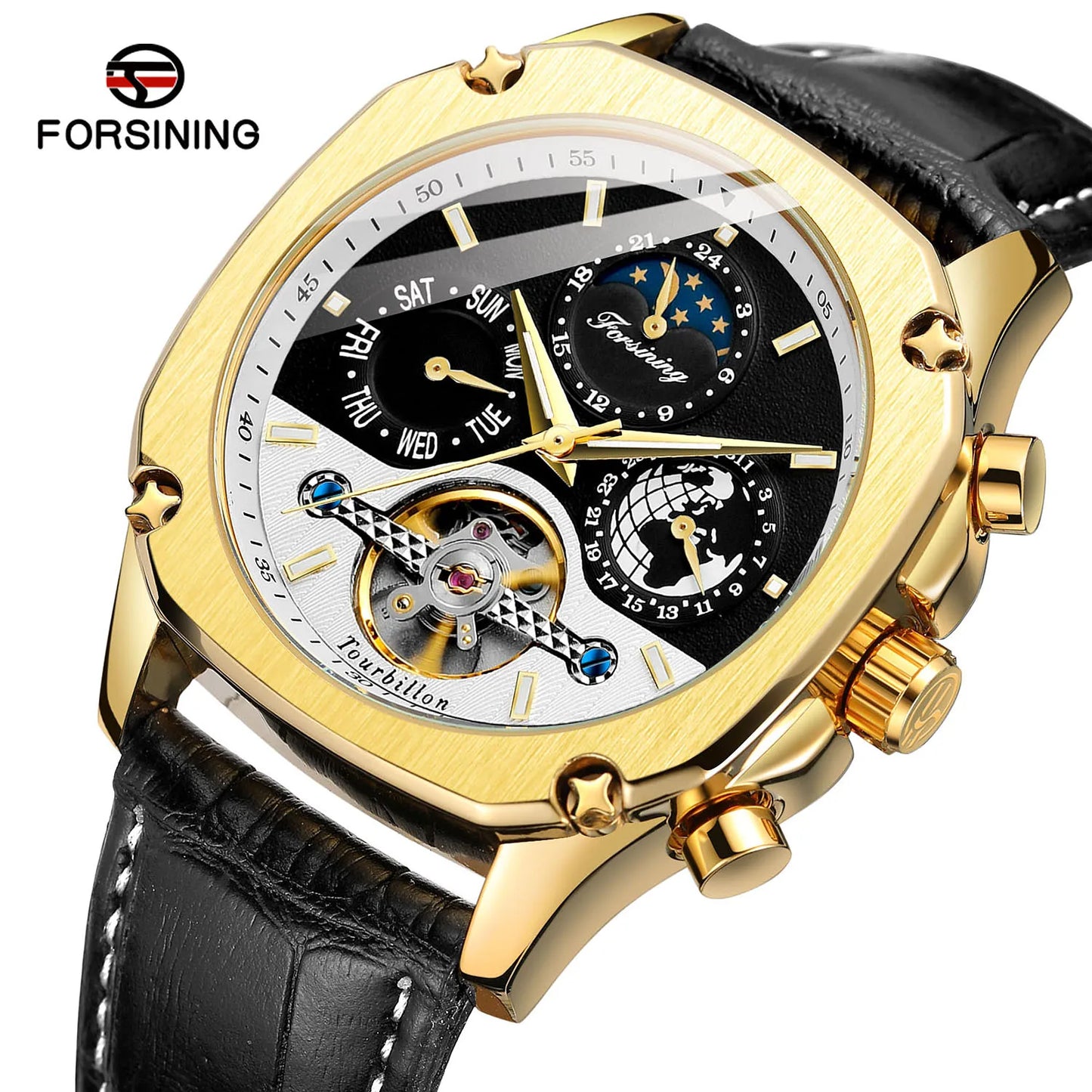 Excellence New Square Waterproof Mechanical Watches Luxury Leather Watch For Men Tourbillon Multifunctional Automatic Date Wristwatch