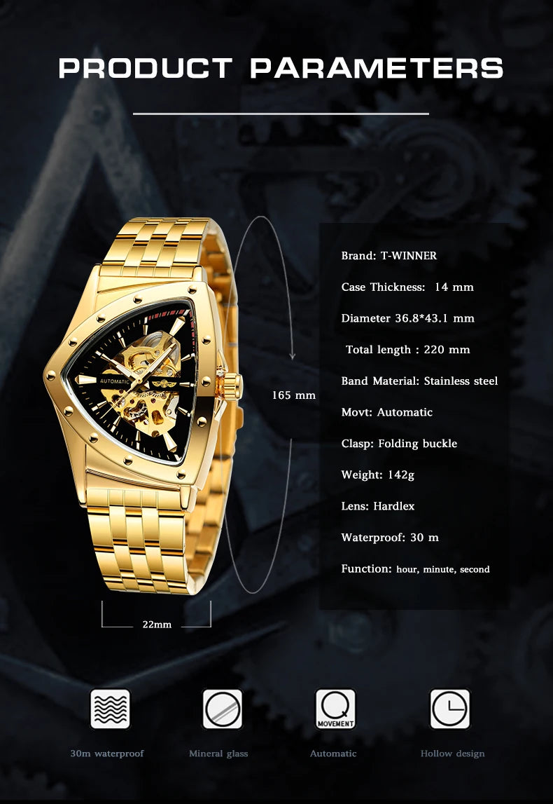 Excellence Military Triangle Skeleton Automatic Watch for Men Gold Sports Mechanical Watches Luxury Rubber strap Luminous