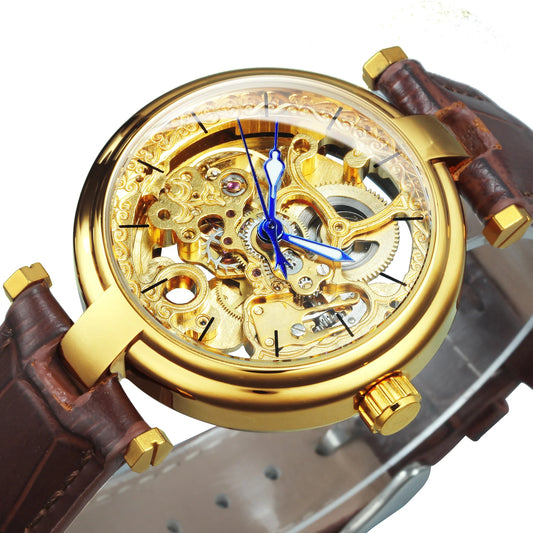 Excellence Fashion Luxury Skeleton Automatic Watch for Women Luminous Hands Elegant Gold Mechanical Ladies Watches Leather Strap